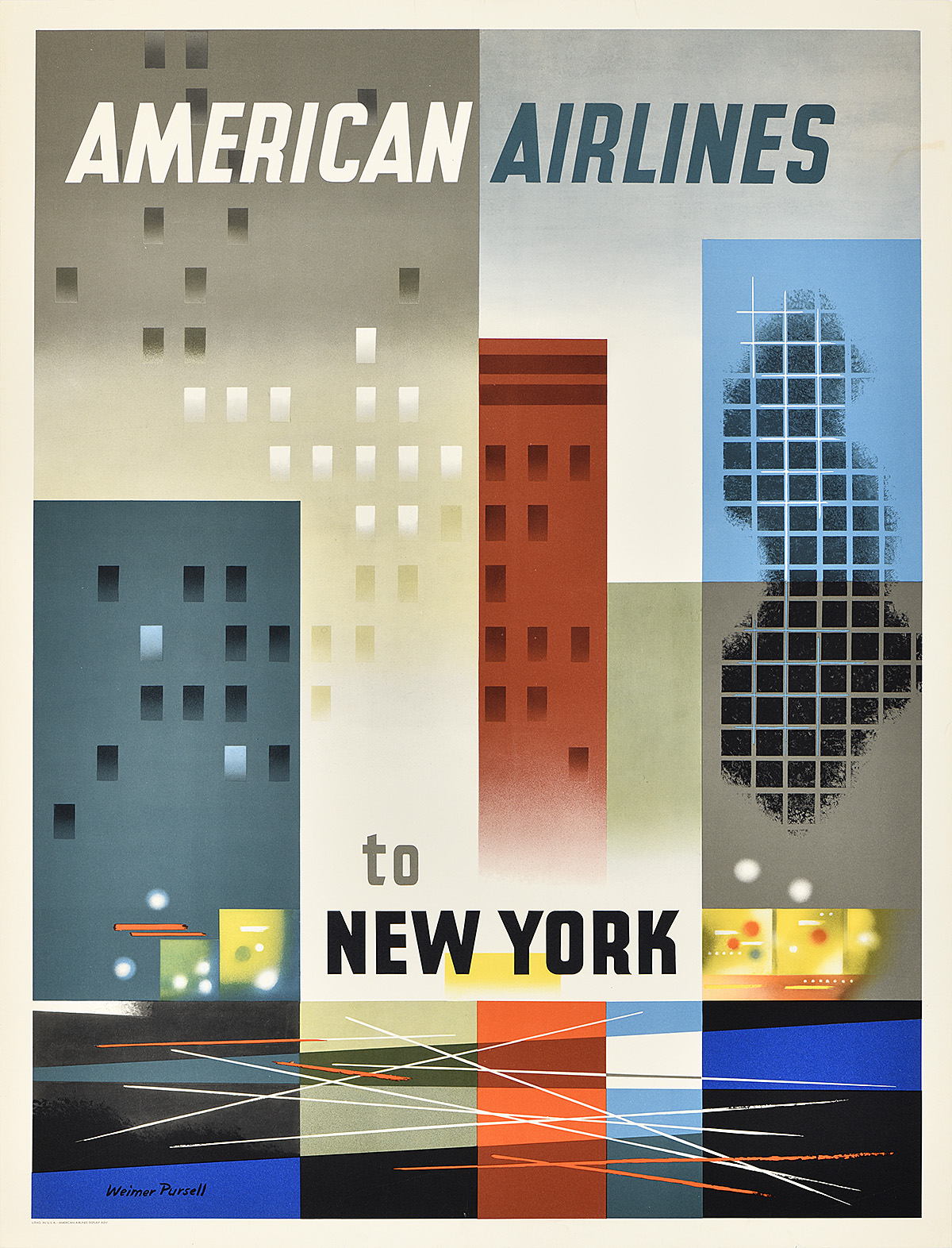 A poster of abstract skyscrapers, shops, and traffic made up of various squares and lines.
