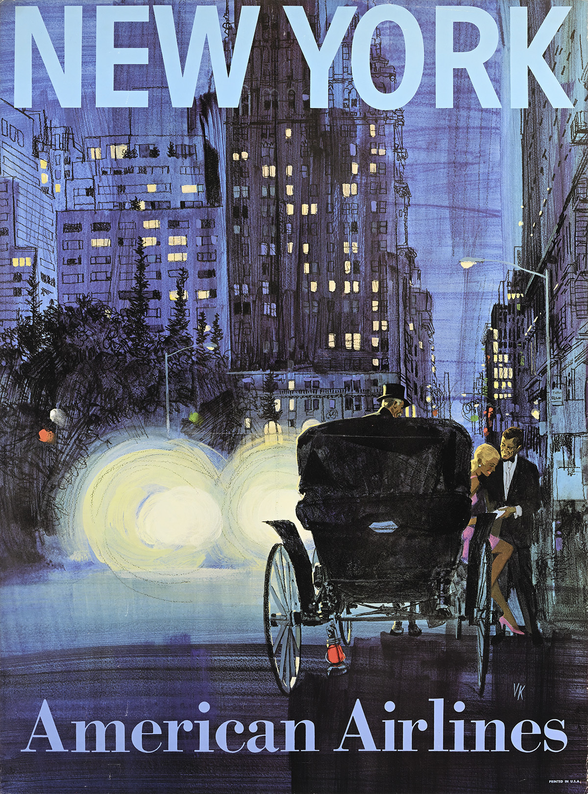 A poster of couple leaving a carriage with a car's headlights emerging, during a twilight evening.