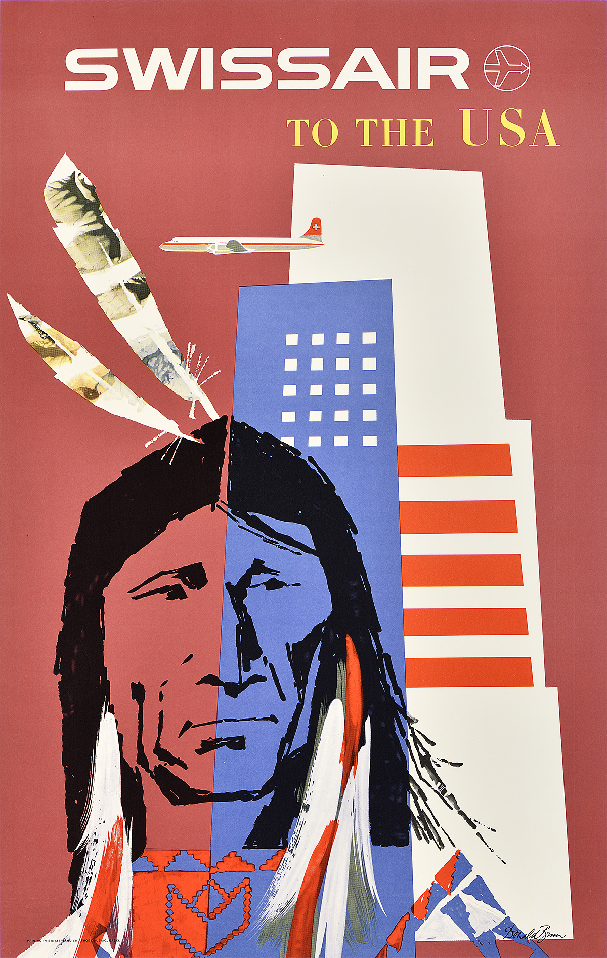 A poster of a stereotypical Native American man on top of a building made out of the American flag.