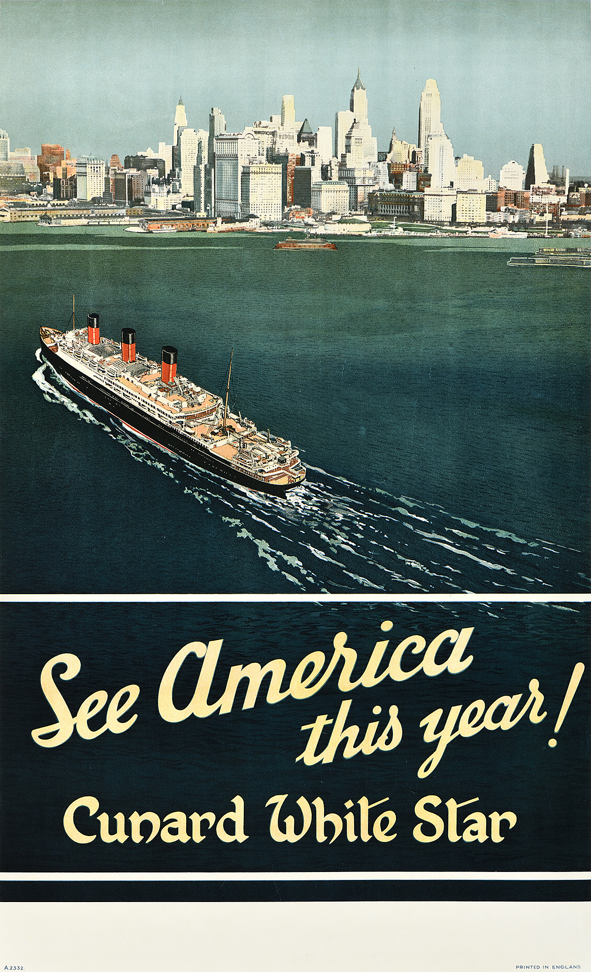 A poster of a bird's-eye view of a long ship with 3 funnels moving towards a New York City skyline.