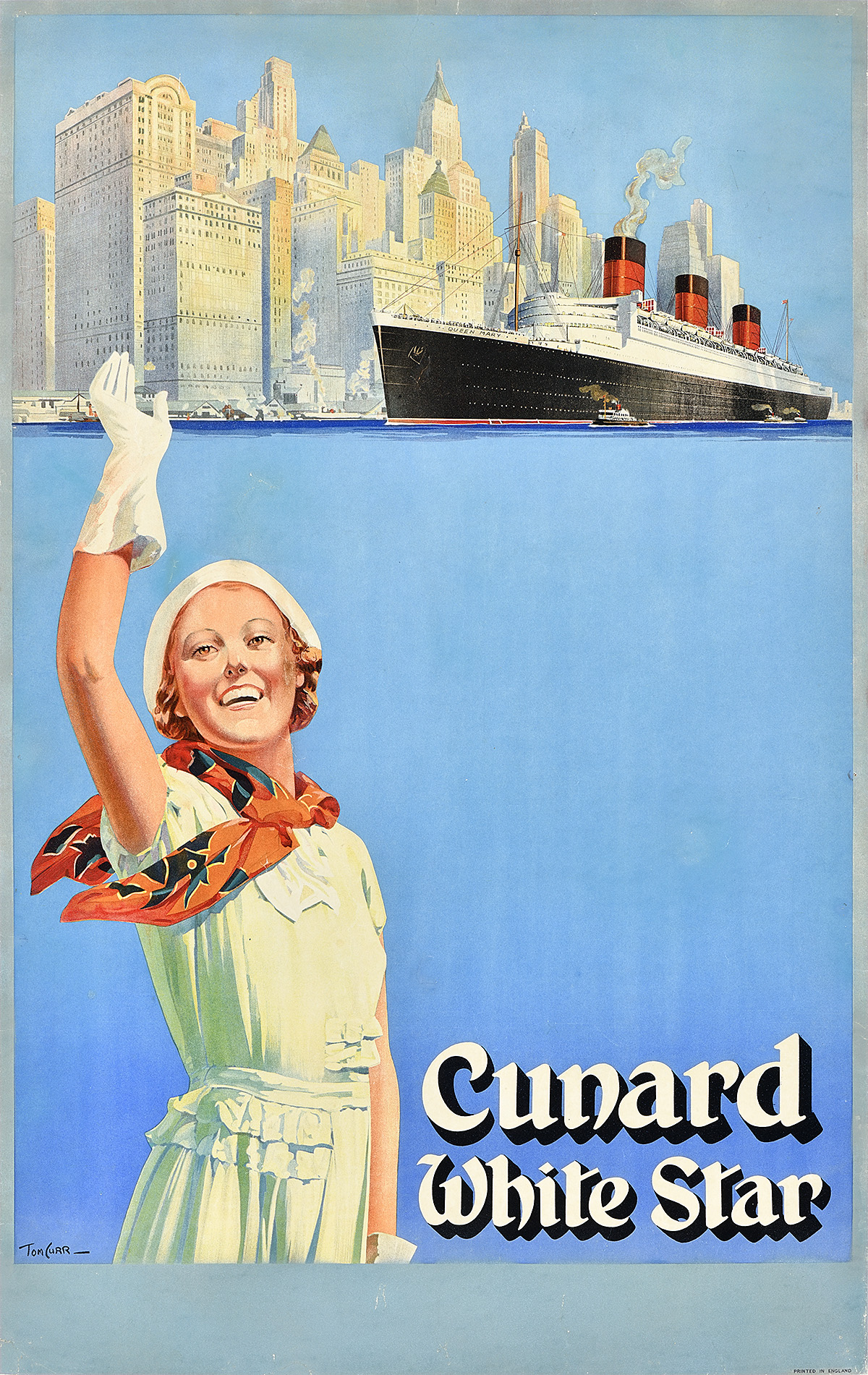 A poster of a white woman waving with a long ship with 3 funnels and a skyline behind her.