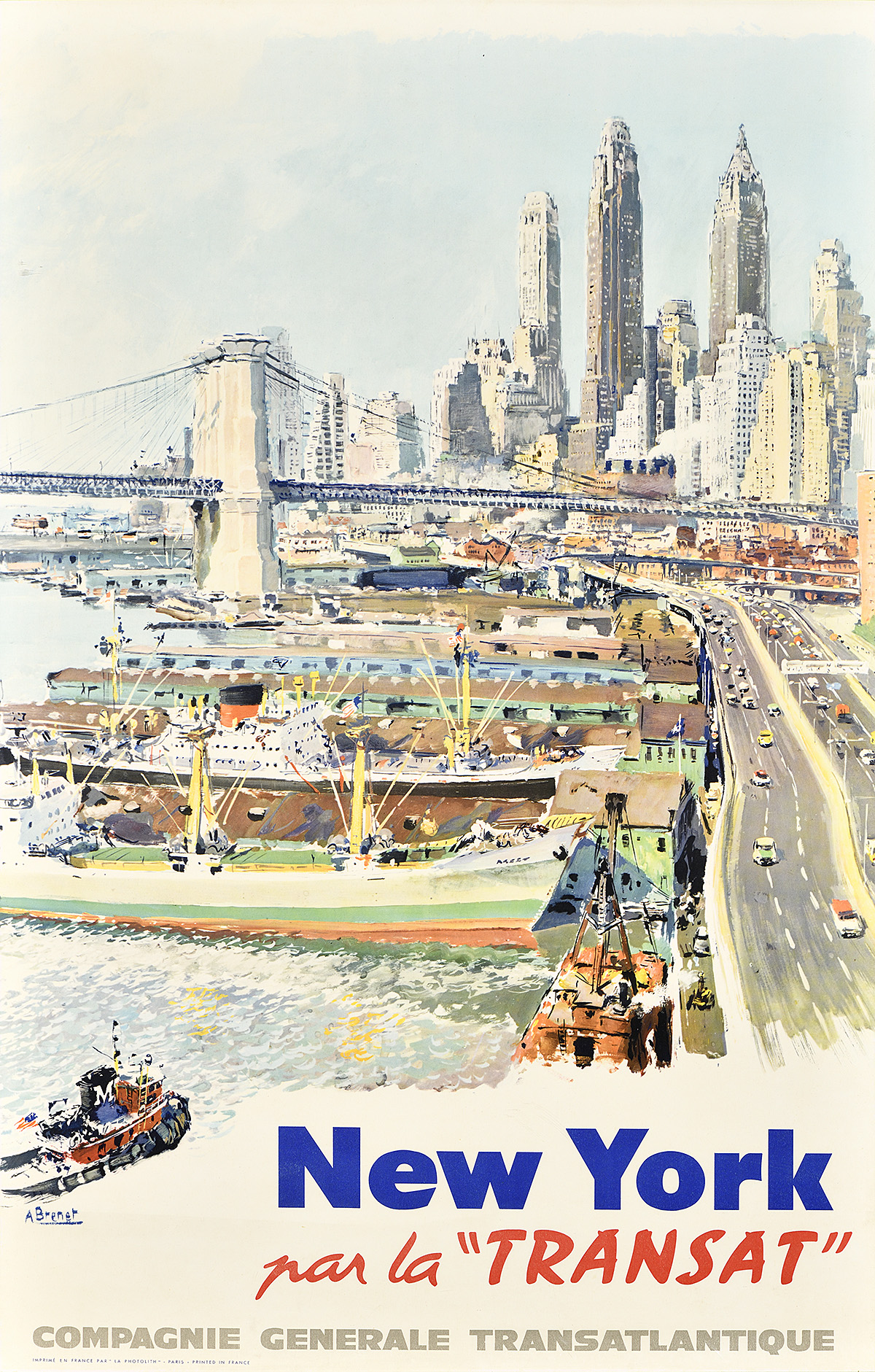 A poster of the Manhattan skyline along the river showing a highway, boats, and a bridge.