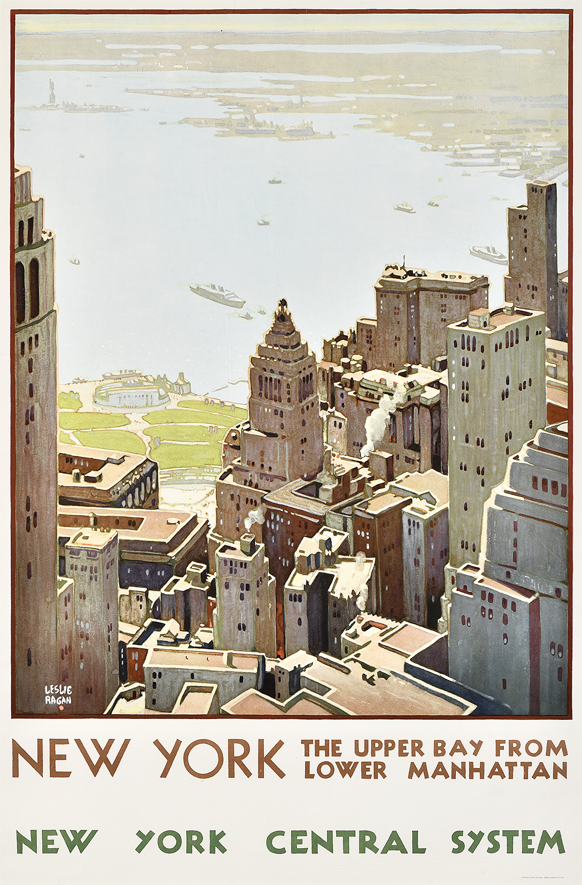 A poster of a bird's-eye view of buildings and a park by a bay, with landmarks in the background.