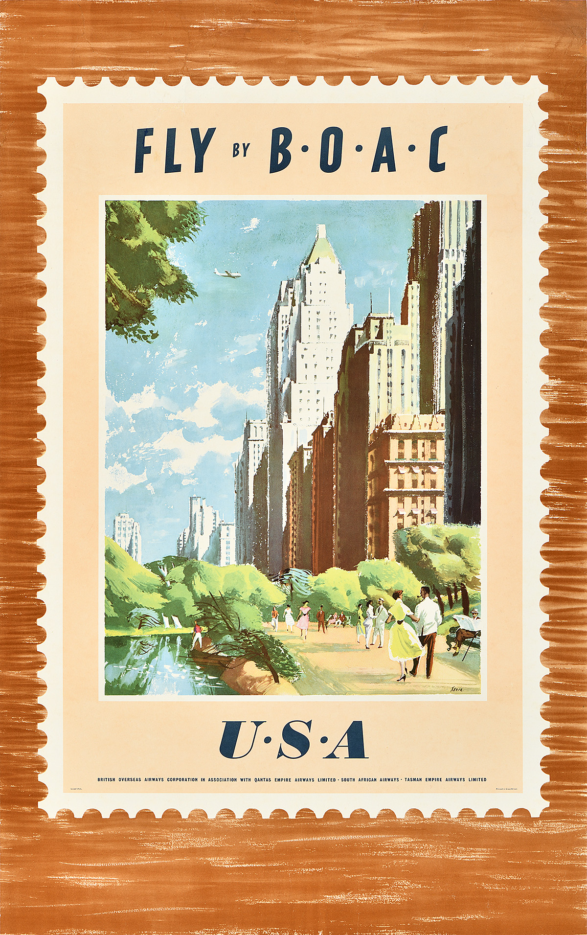 A poster of a stamp with couples strolling in Central Park next to a pond with buildings behind.