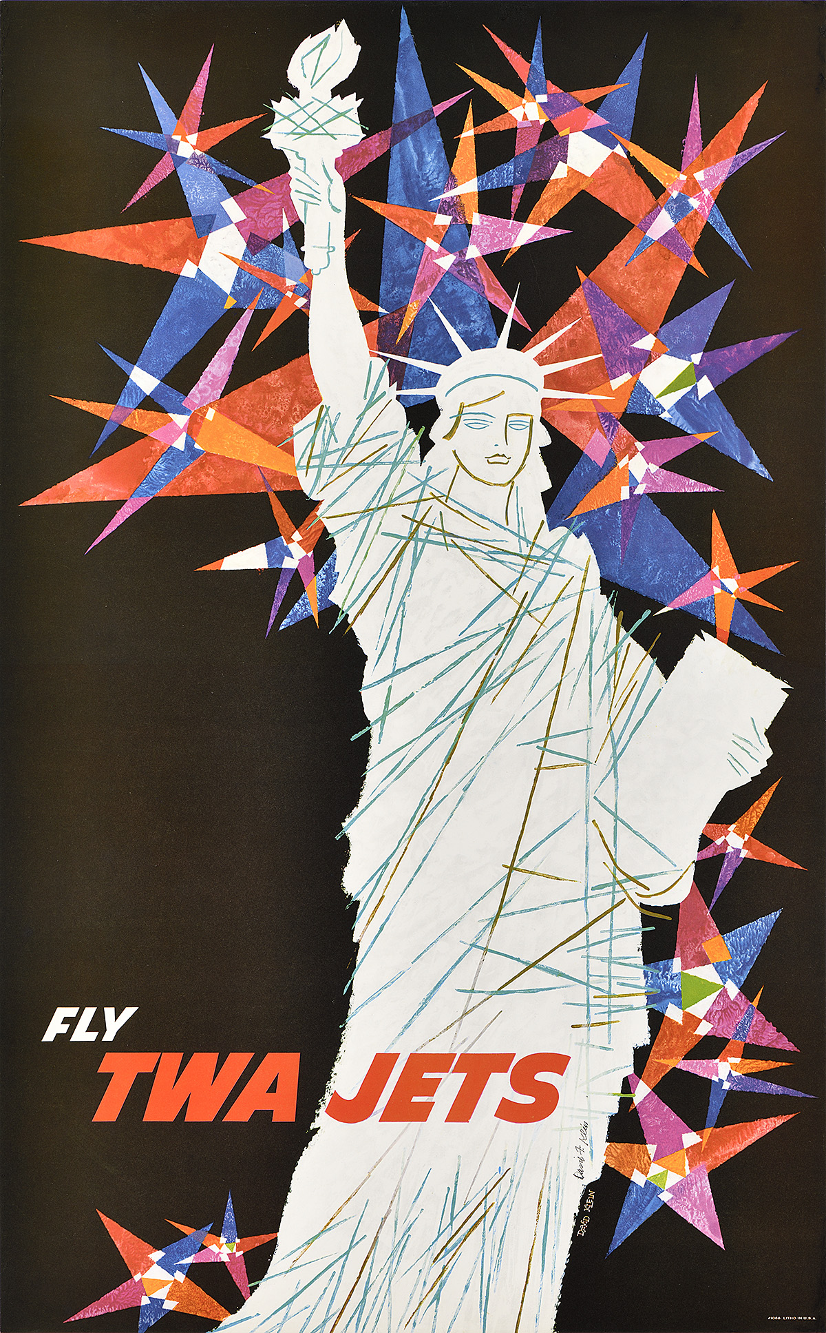A poster of a drawn Statue of Liberty with lines across her and surrounded by colorful starbursts.