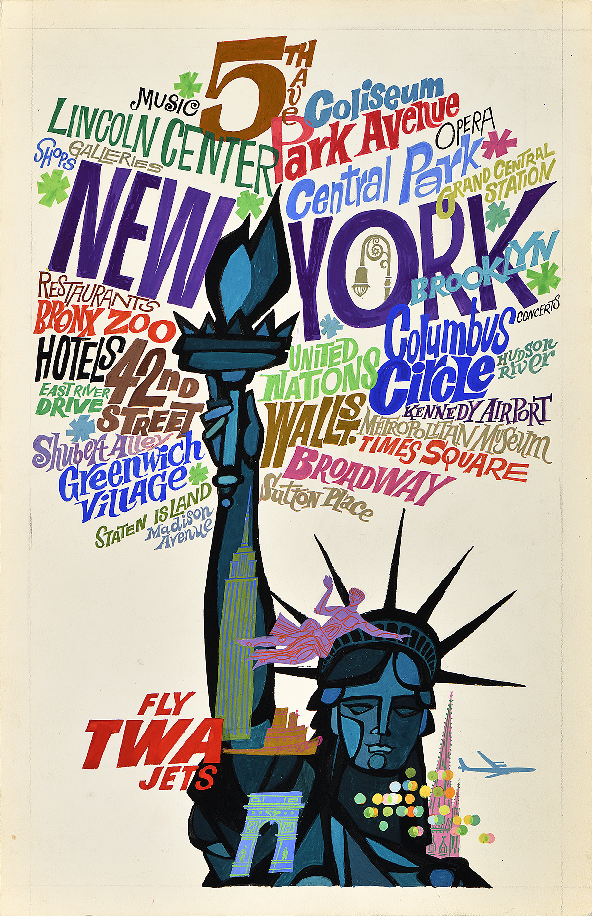 A poster of the Statue of Liberty with text of Manhattan locations surrounding her torch.