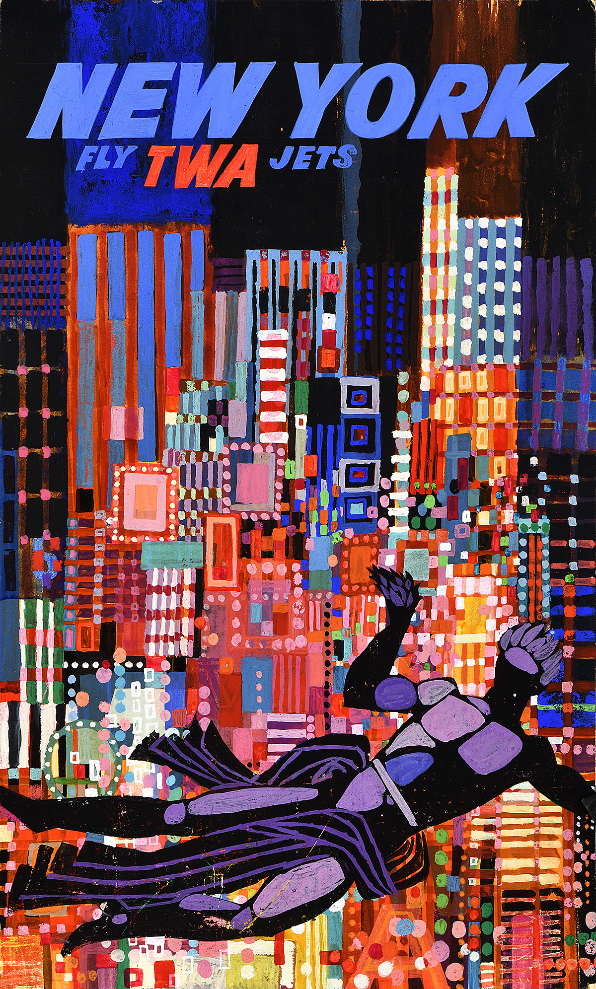 A poster of a Prometheus sculpture in front of buildings made up of colorful squares and lines.