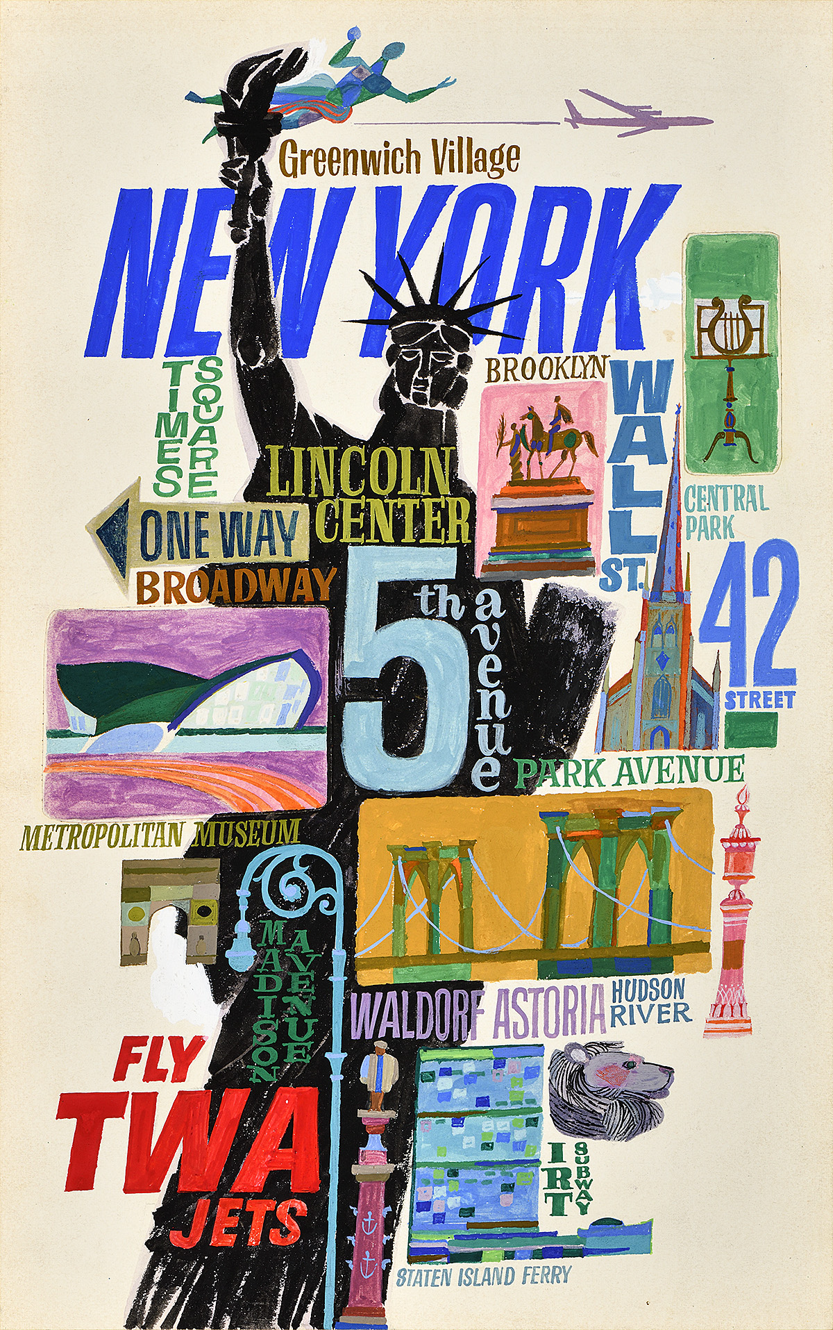 A painting-style poster made up of text and images of of various locations in Manhattan.