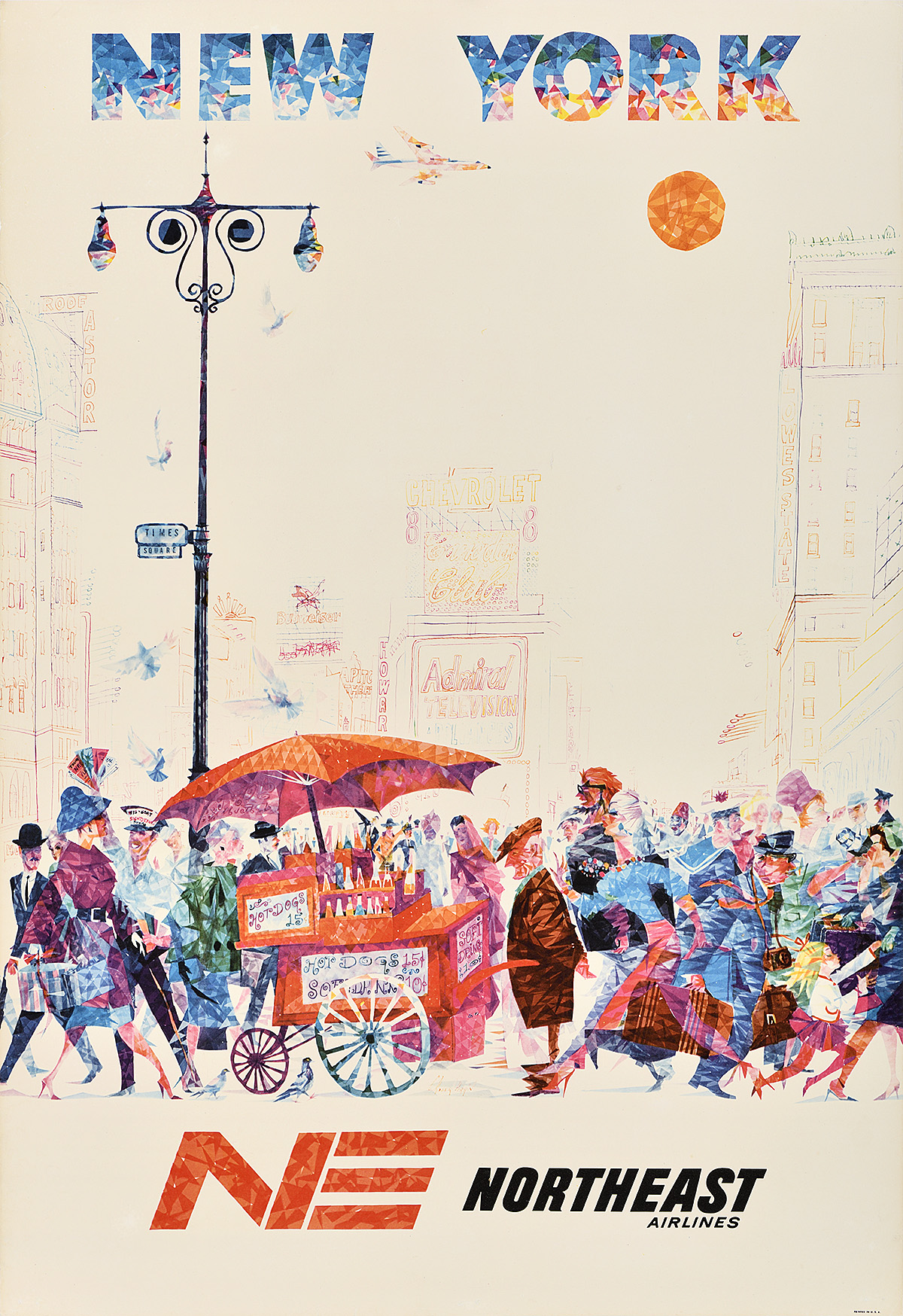 A poster of a large crowd of people in Times Square crossing a street around a hotdog cart.