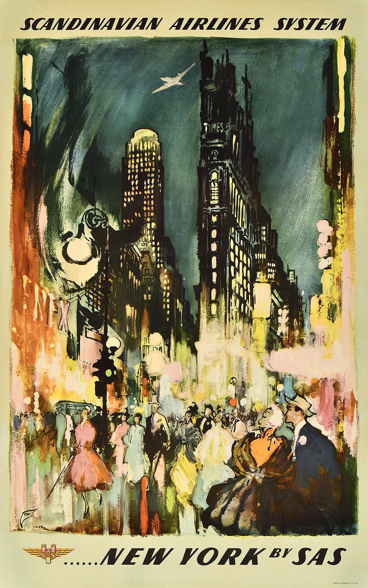A dreamy poster of a crowd of people walking through Times Square and several prominent buildings.