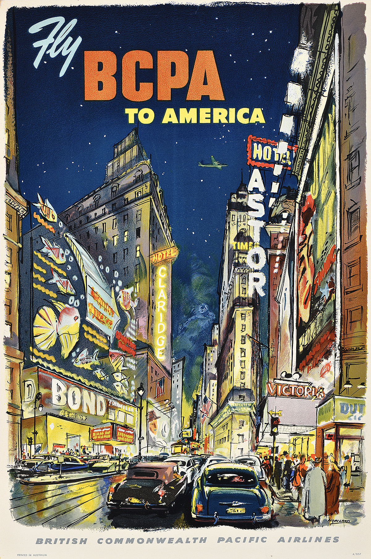 A poster of a bustling Times Square at night, lit with many lights and displaying advertisements.