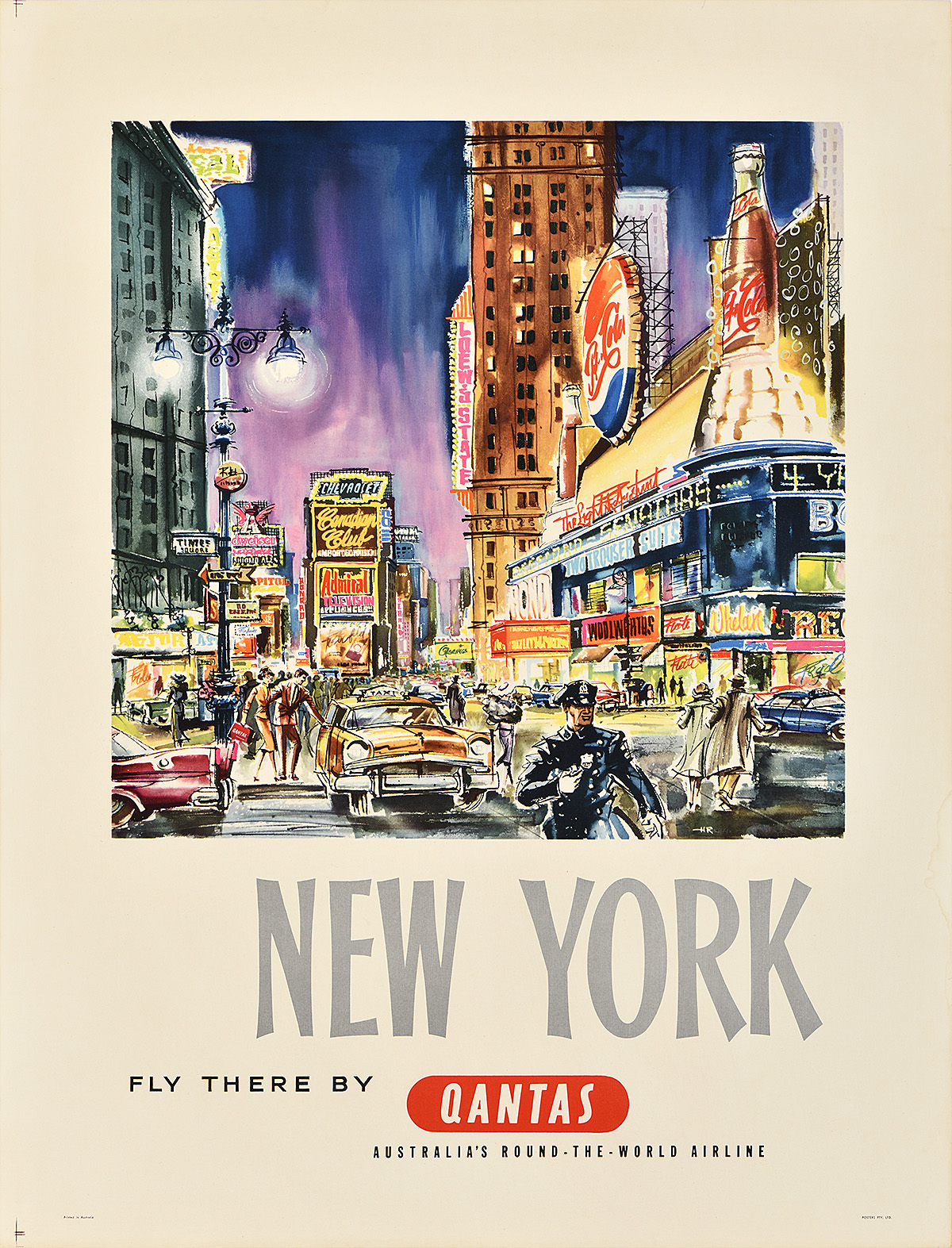 A watercolor-style poster of a bustling Times Square at night with a Pepsi-Cola sign.