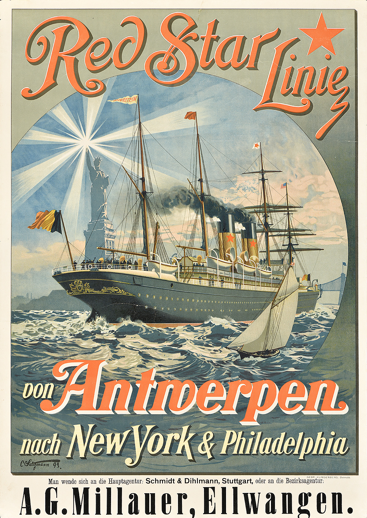 A poster of a large ship with many sails, sailing past a Statue of Liberty with streams of light.
