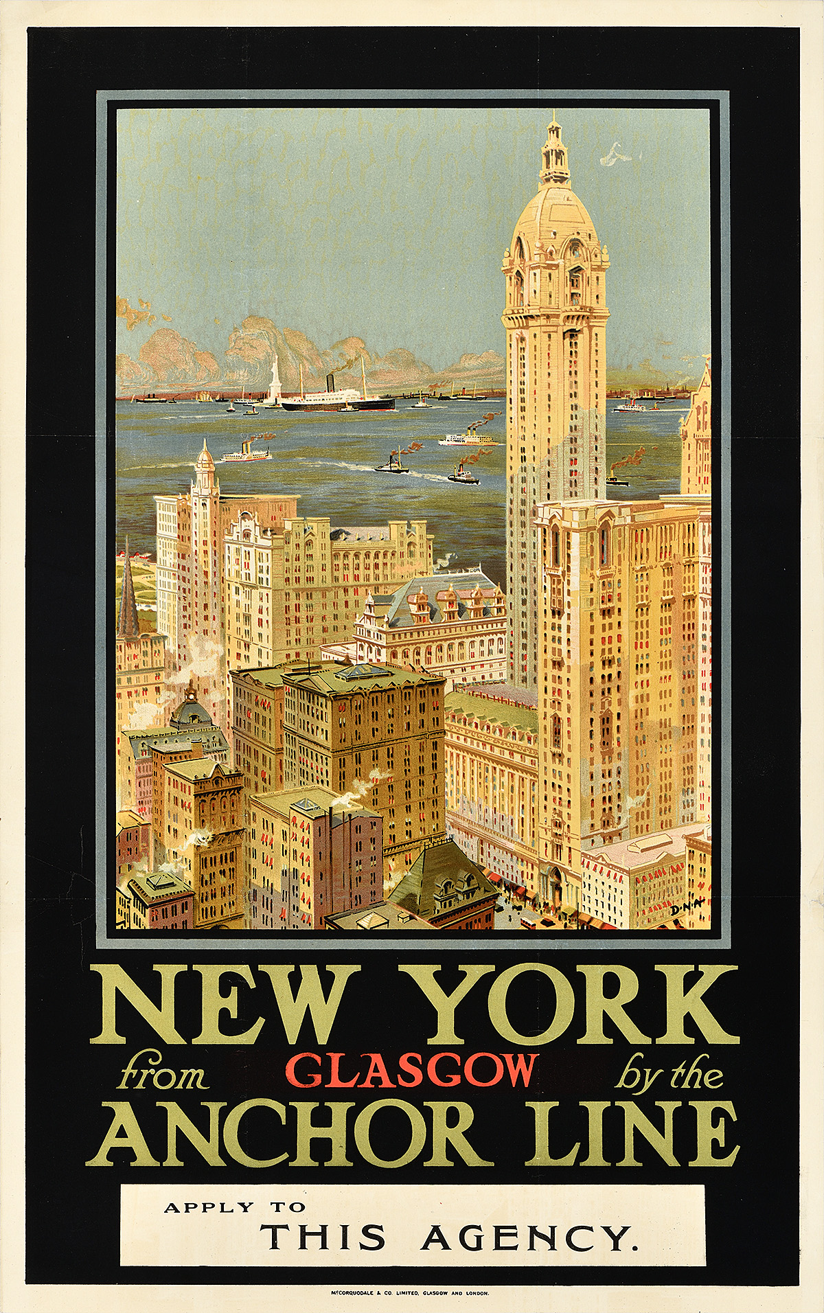 A poster of a series of buildings with golden tints in front of a body of water with a boat on it.