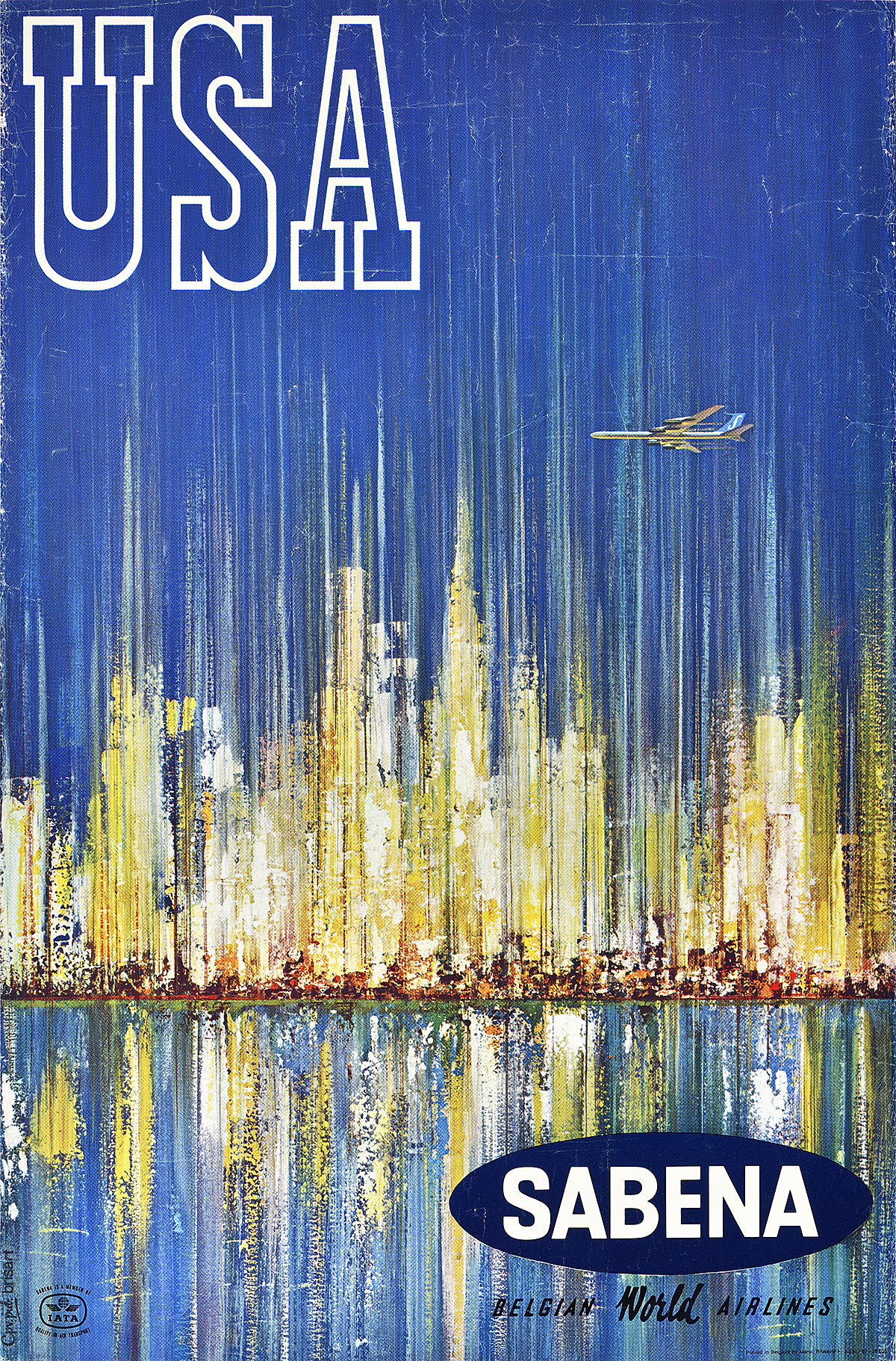 A poster of an illuminated, rain-streaked Manhattan skyline with a plane flying overhead.