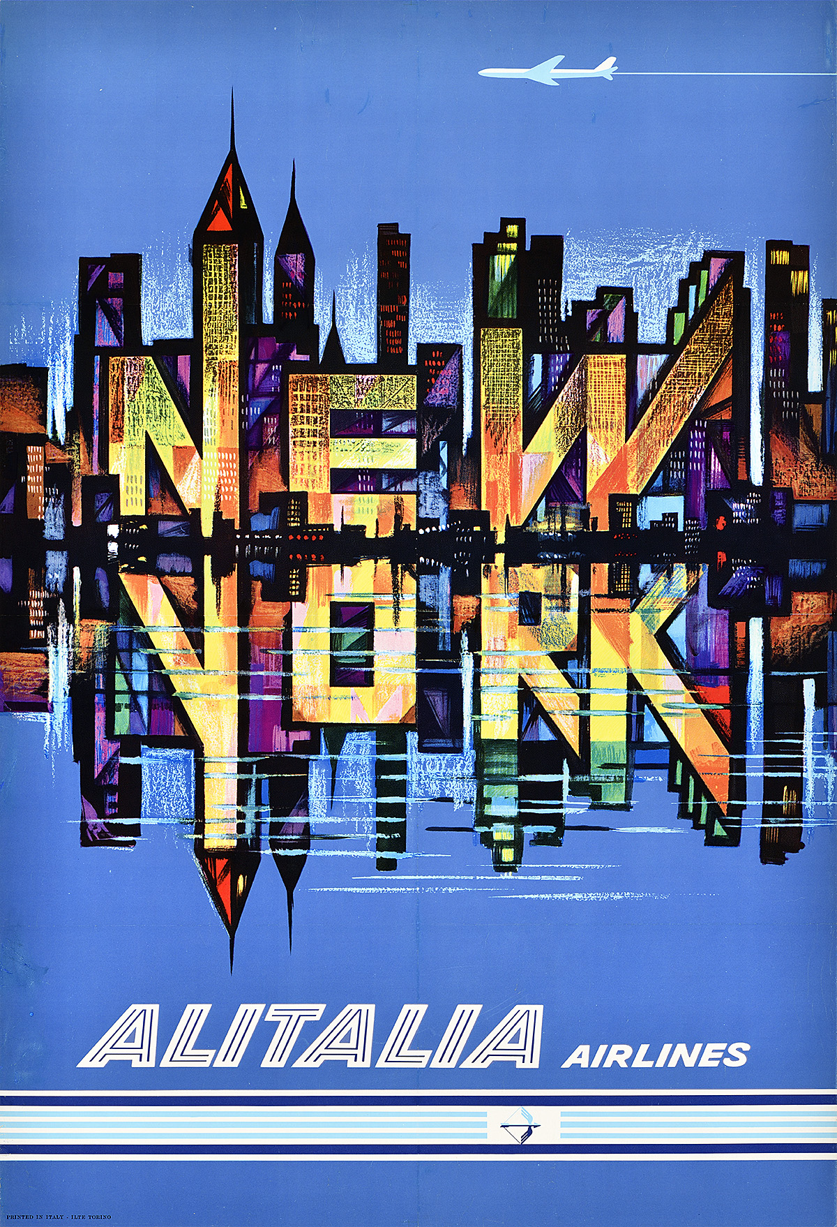 A poster of skyscrapers in front of water illuminated with the words, 'New' and 'York.'