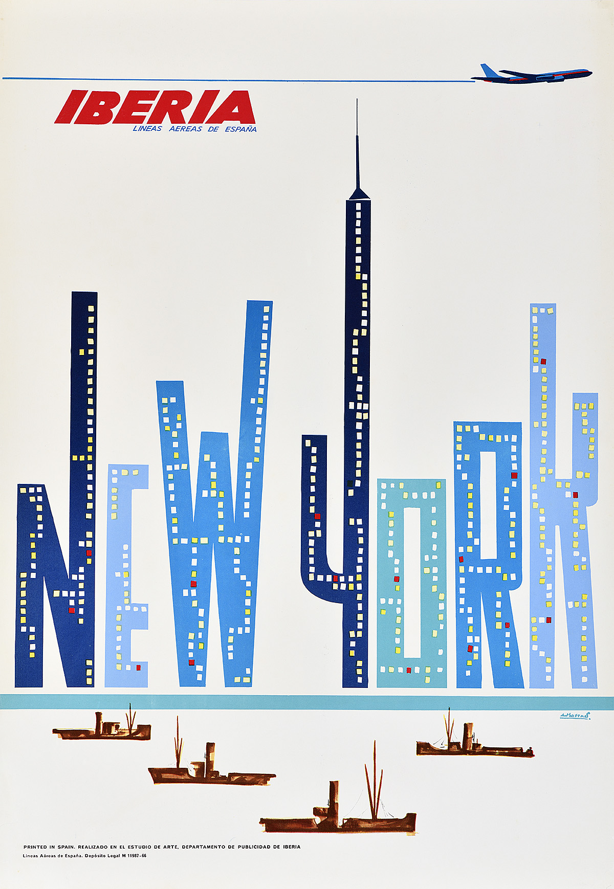 A cartoon-style poster of skyscraper making up the words, 'New York' in front of 4 long boats.