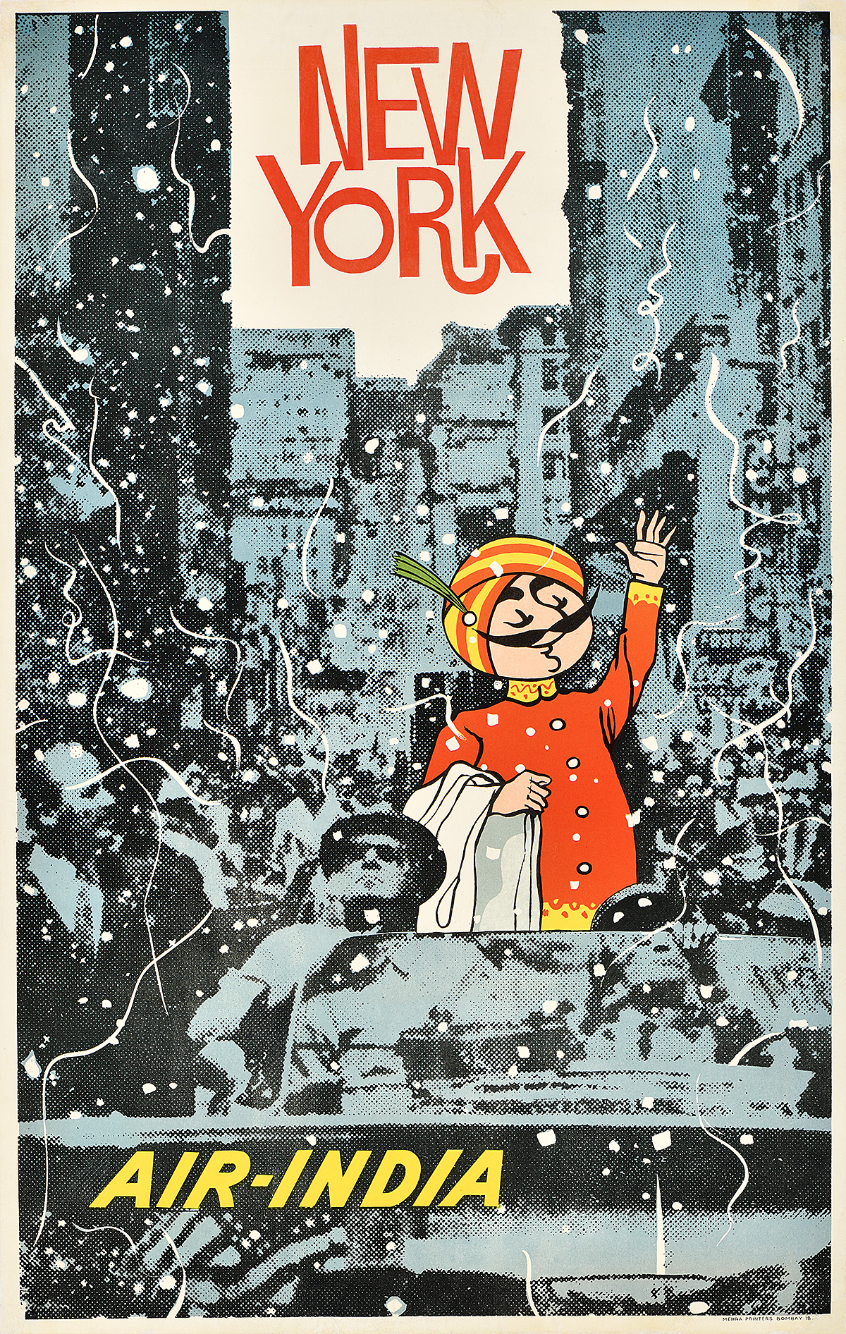 A poster of a mustachiod figure wearing a turban waving to a crowd of people while in a parade.