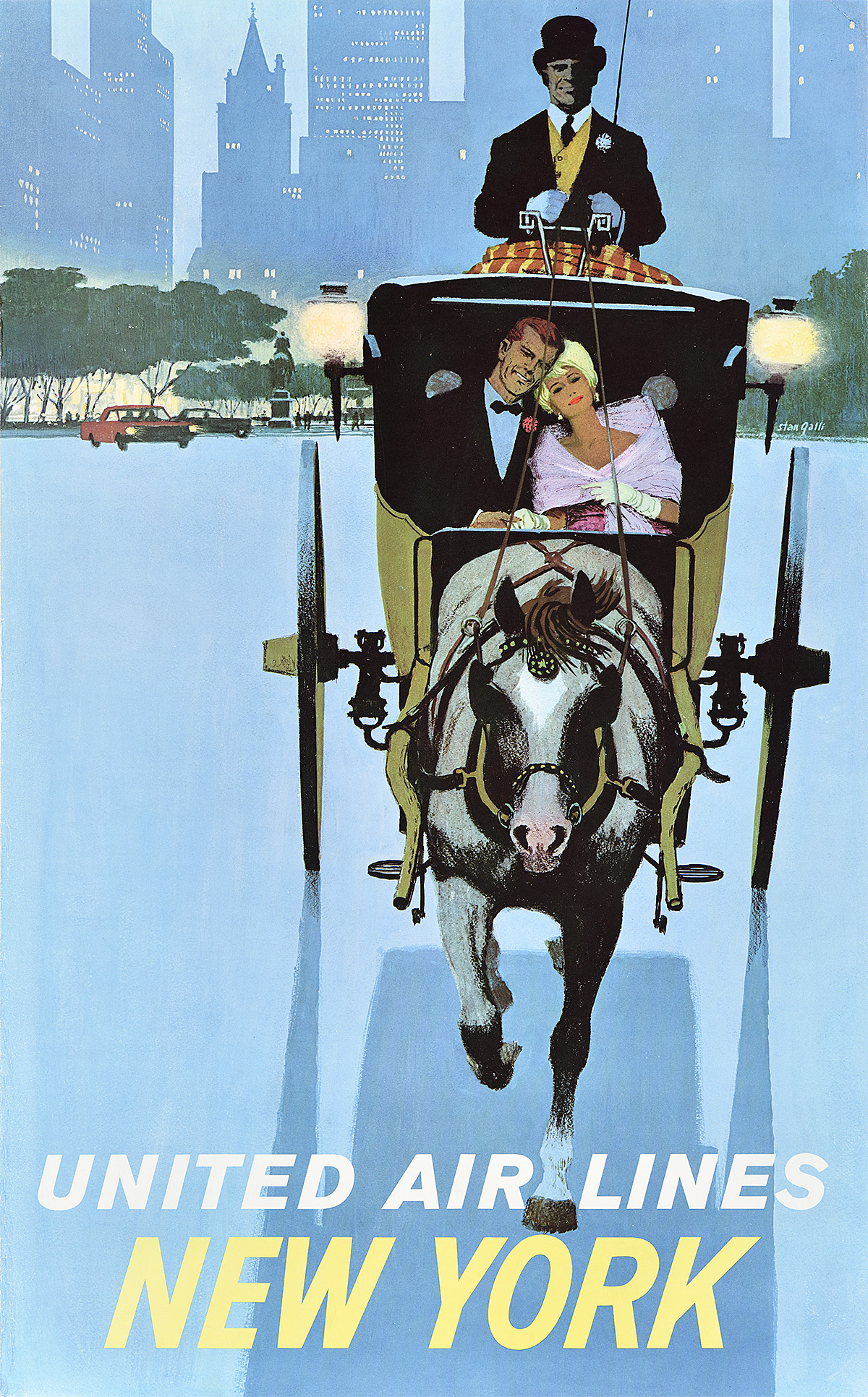 A poster of an elegant couple in a horse-drawn carriage, with a man driving, during a calm evening.