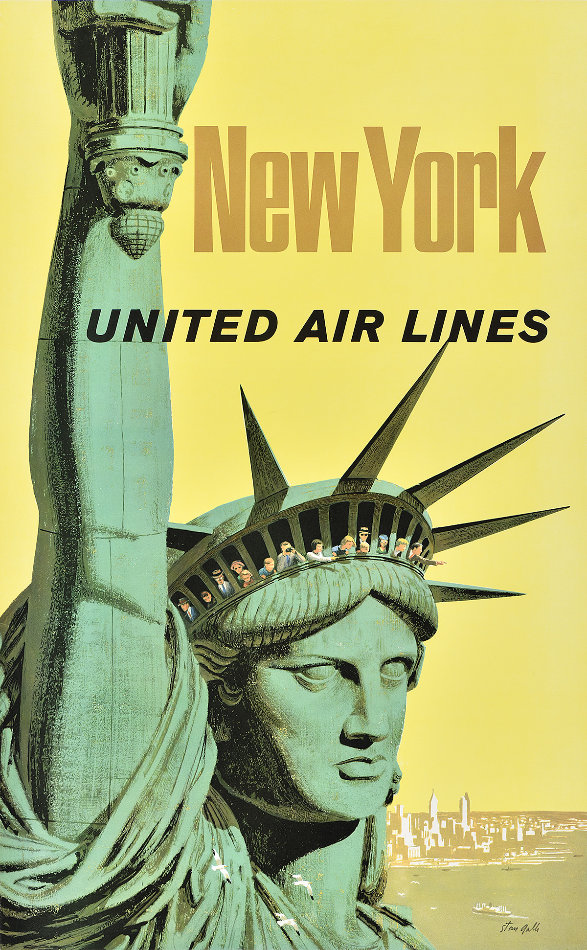 A poster of the head and arm of the Statue of Liberty with many people looking out from her crown.