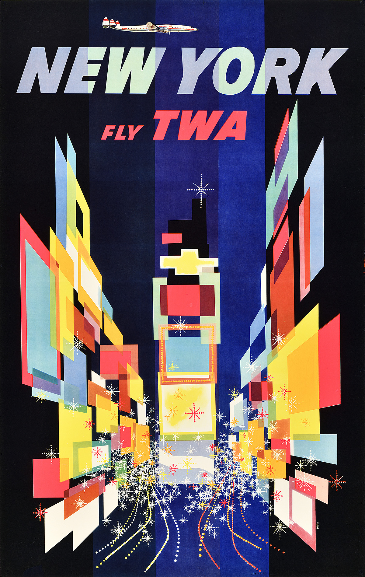 A geometric-style poster of Times Square from the street level with a plane flying overhead.