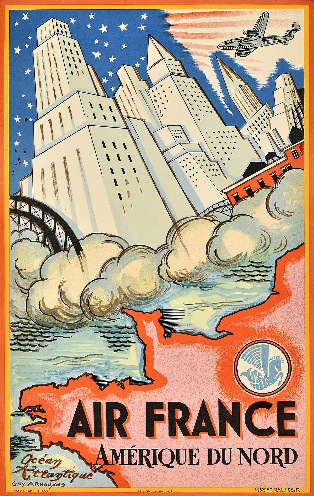 A poster of skyscrapers on clouds over a map of France in front of a stars-and-striped sky.
