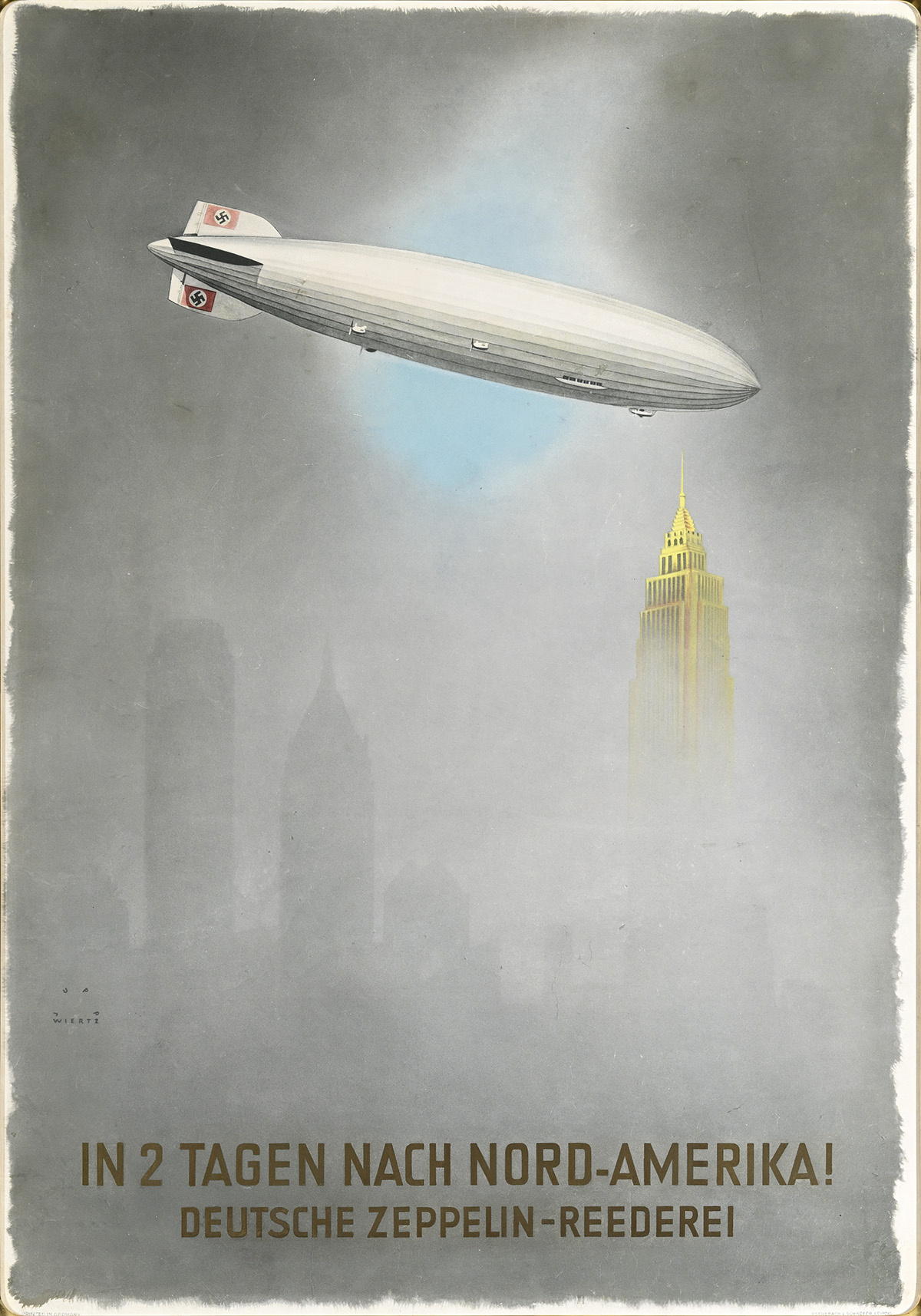 A poster of an airship with Nazi swastikas on its tail flying through clouds towards a skyscraper.