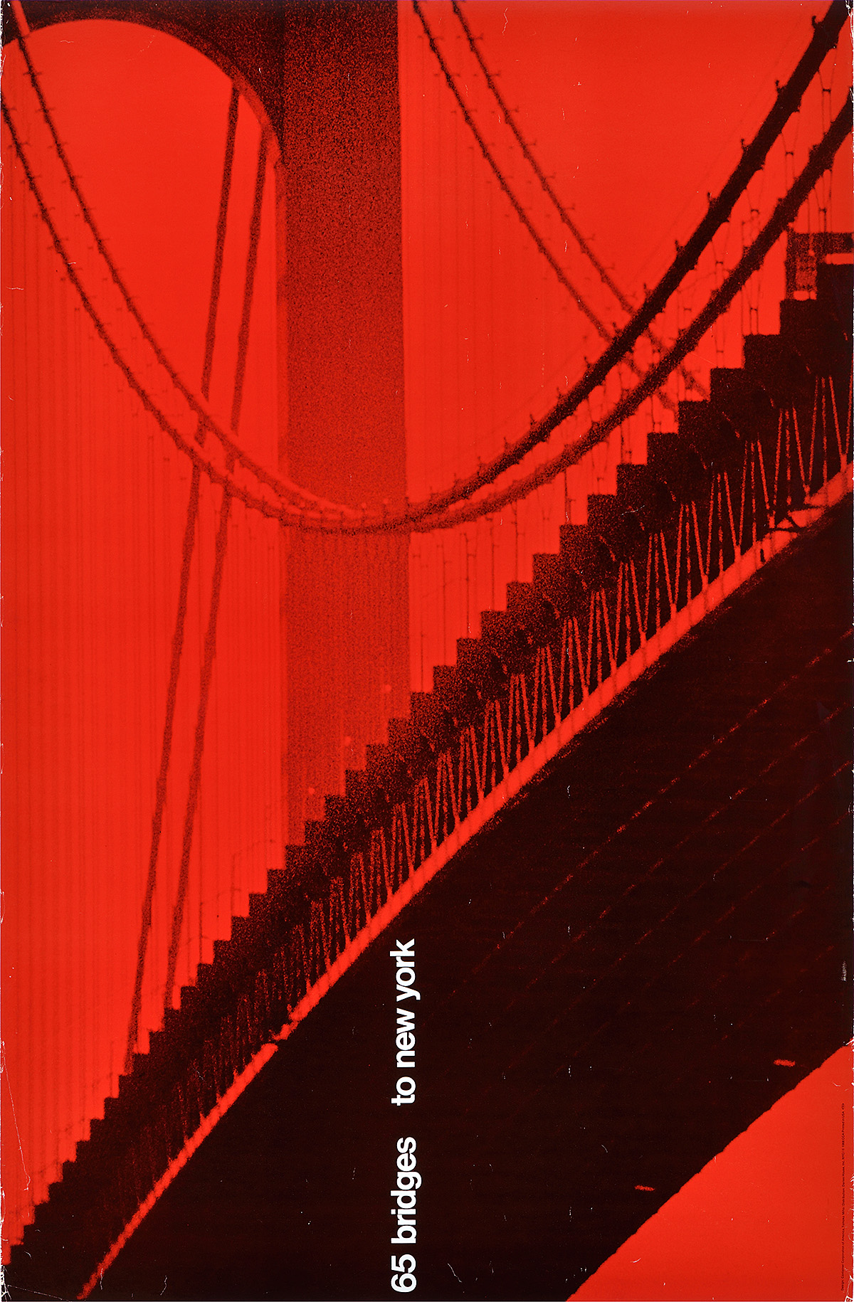 A red poster of a zoomed in bridge taken from below and surrounded by fog.