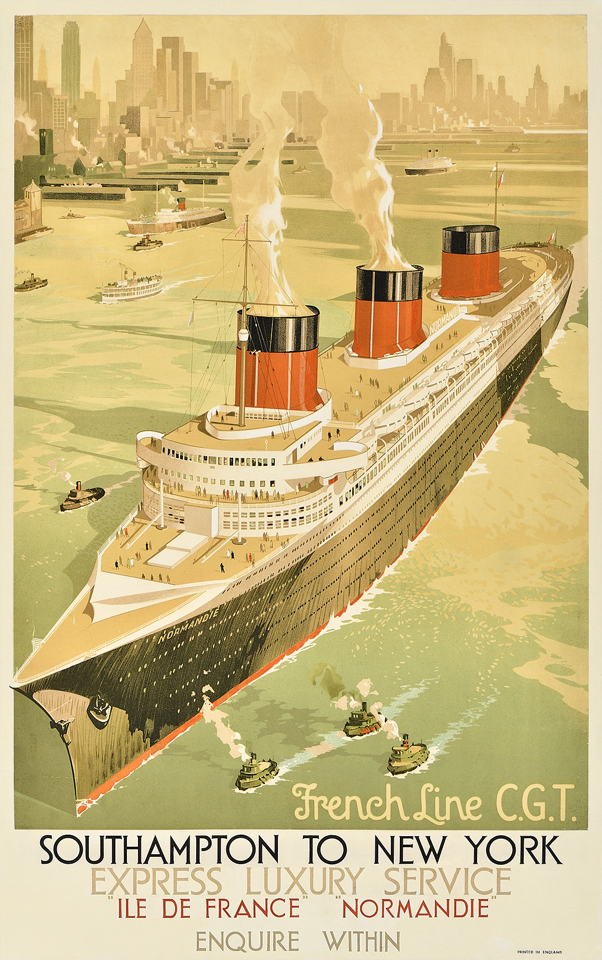 A poster of a long ship with 3 funnels, moving towards the viewer, in front of a skyline.
