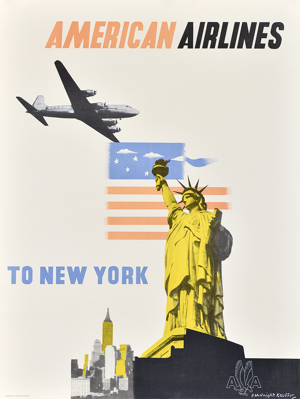 A poster of an airplane flying over an American flag behind the Statue of Liberty and a skyline.