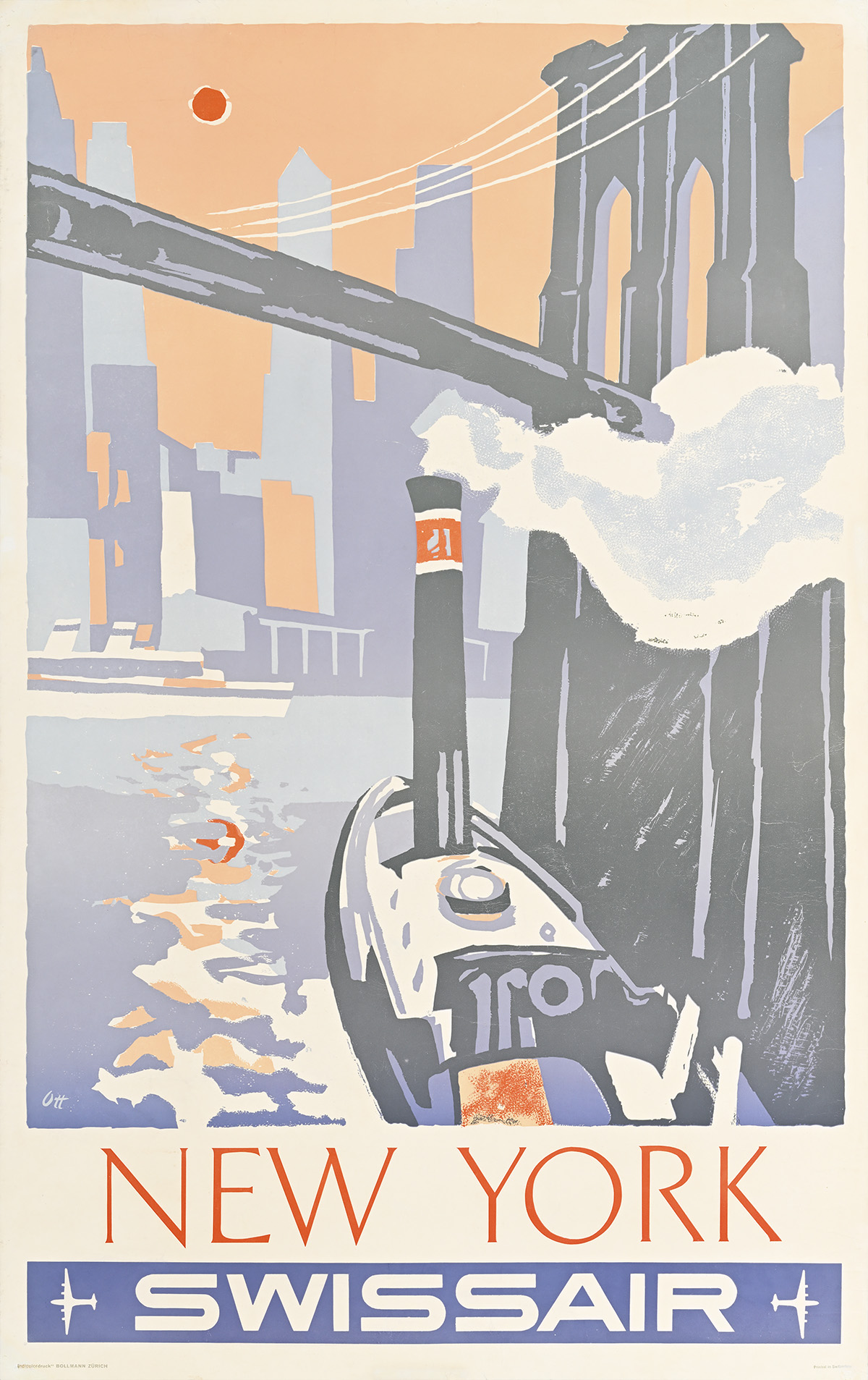 A poster of a head of a tugboat with a long funnel moving under the Brooklyn Bridge.