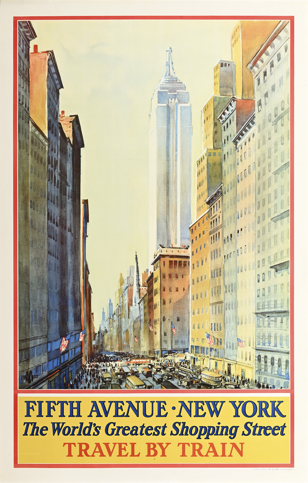A poster of a busy street and tall buildings lining the sides, including the Empire State Building.