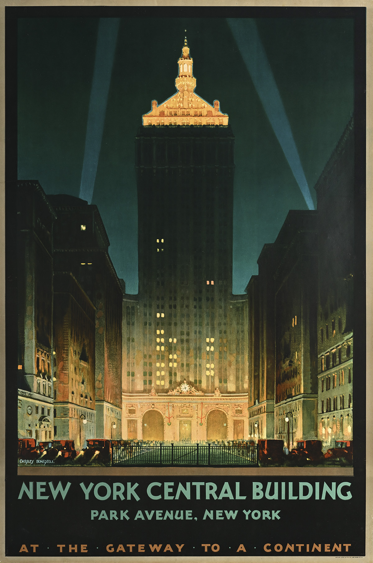 A poster of a tall building with a pointed roof illuminated at night with 2 spotlights behind it.