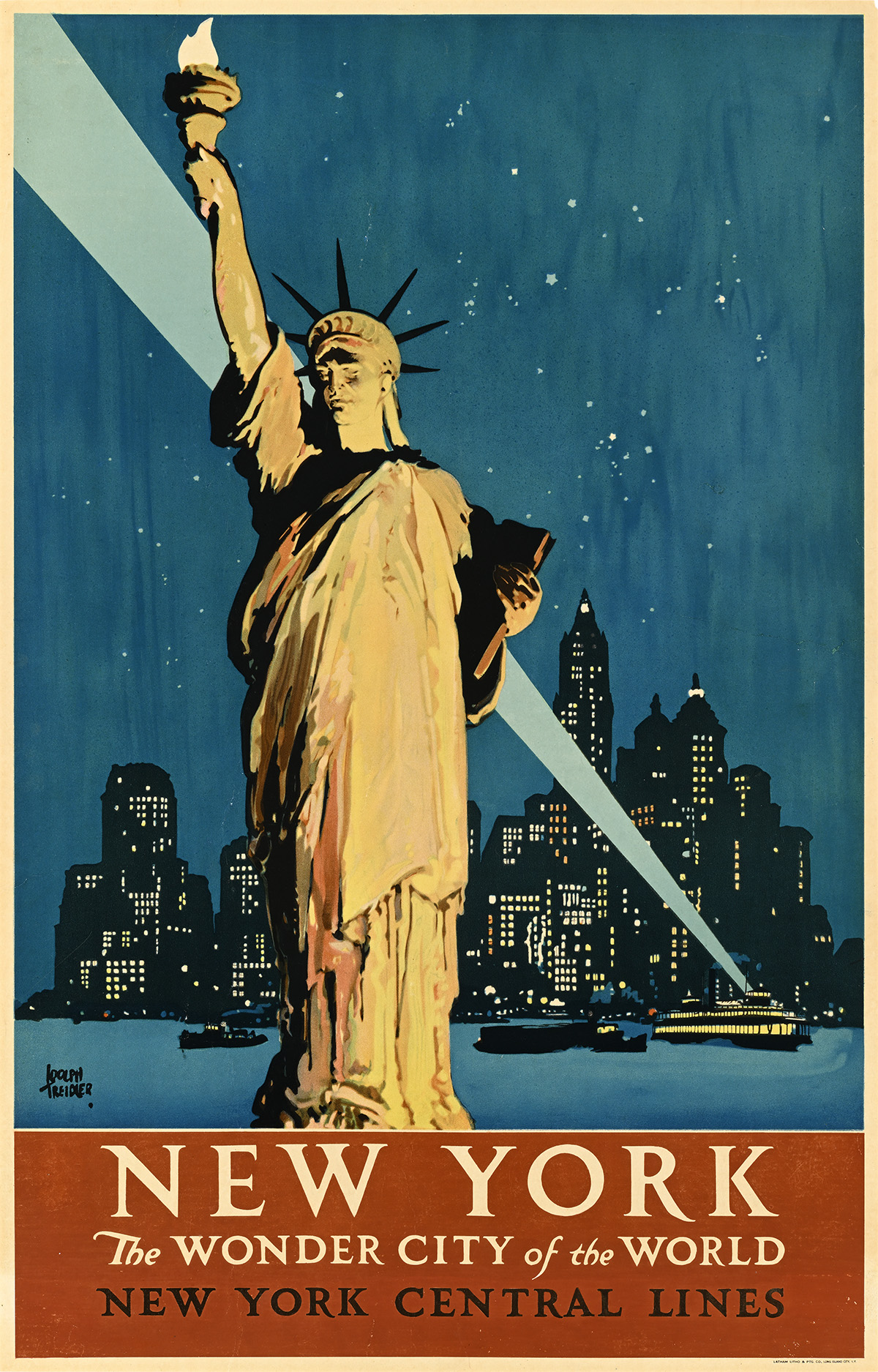 A poster of the Statue of Liberty against a nighttime city skyline with a spotlight behind it.