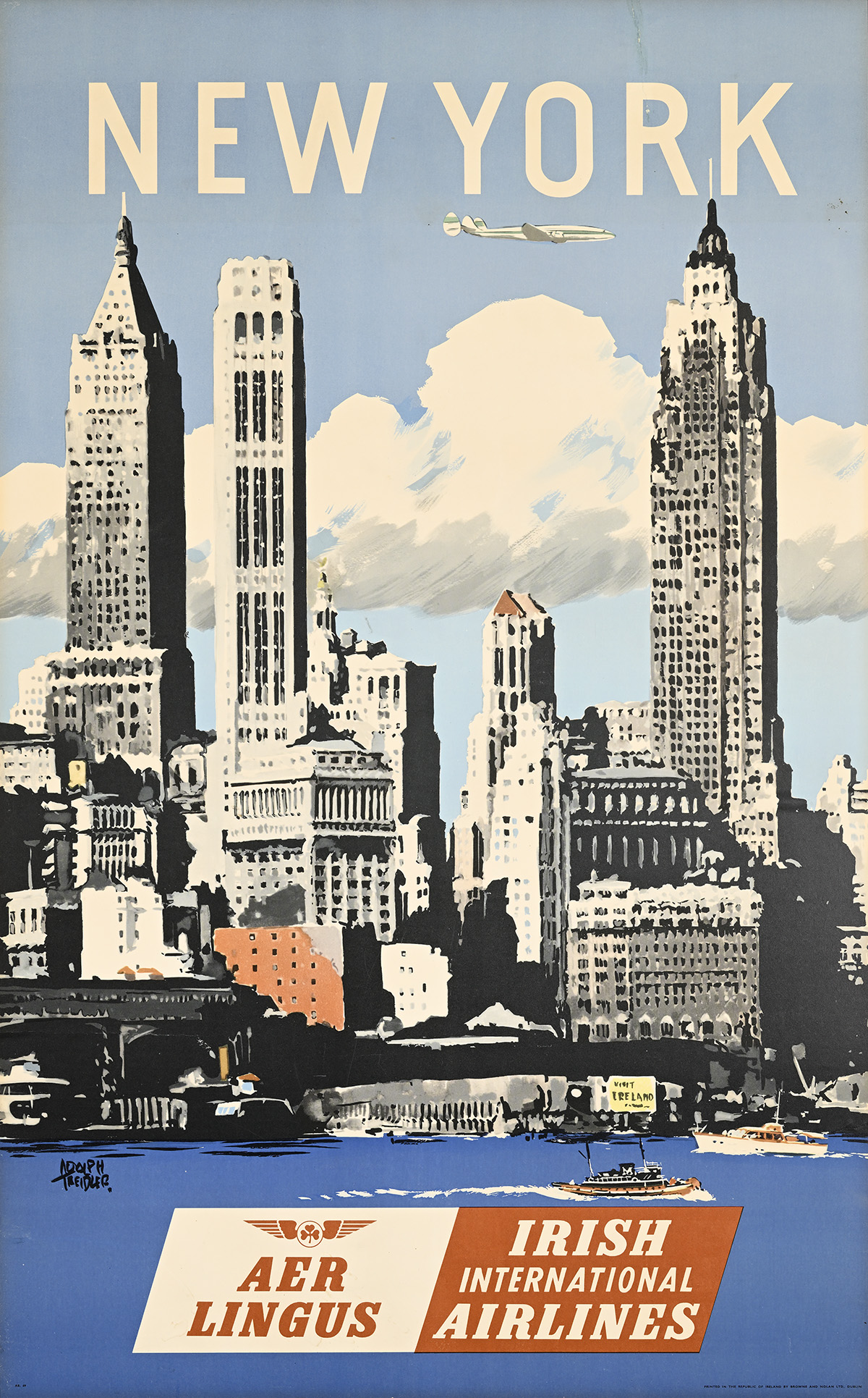 A gritty poster of gray skyscrapers and an active harbor, with a plane flying in the background.