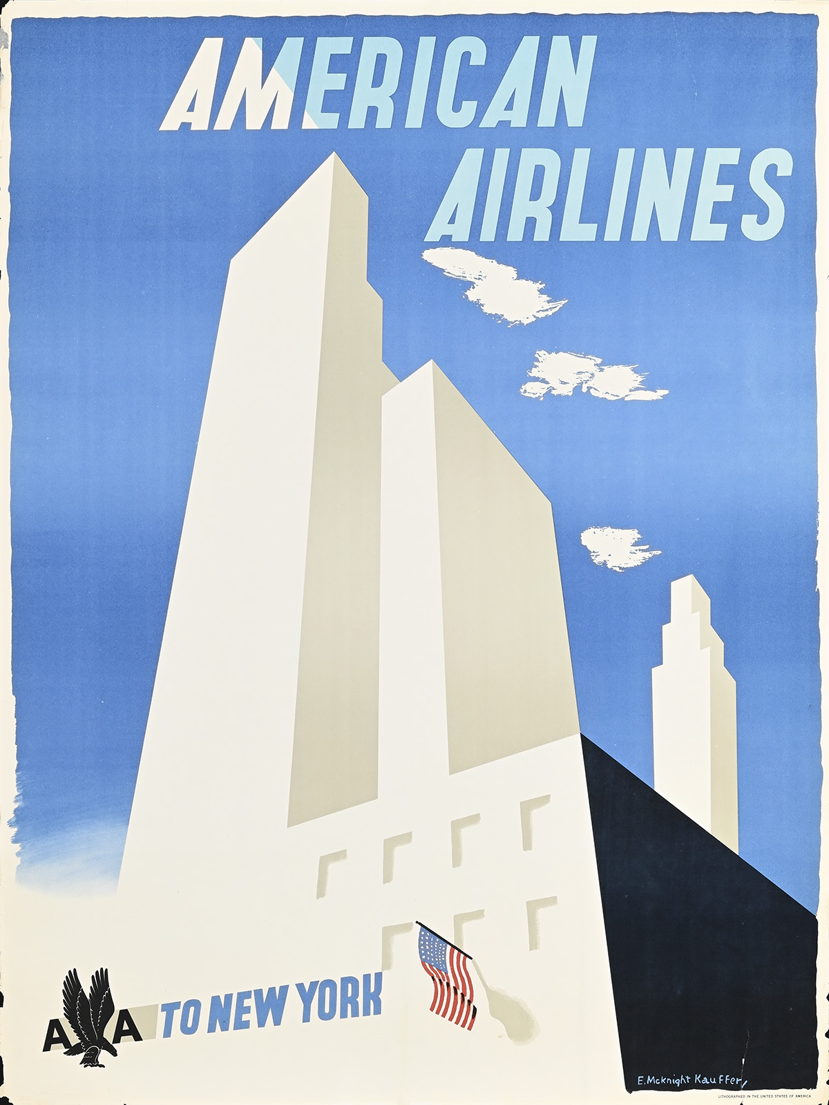 A poster of a tall rectangular white building against a blue sky, viewed from below.