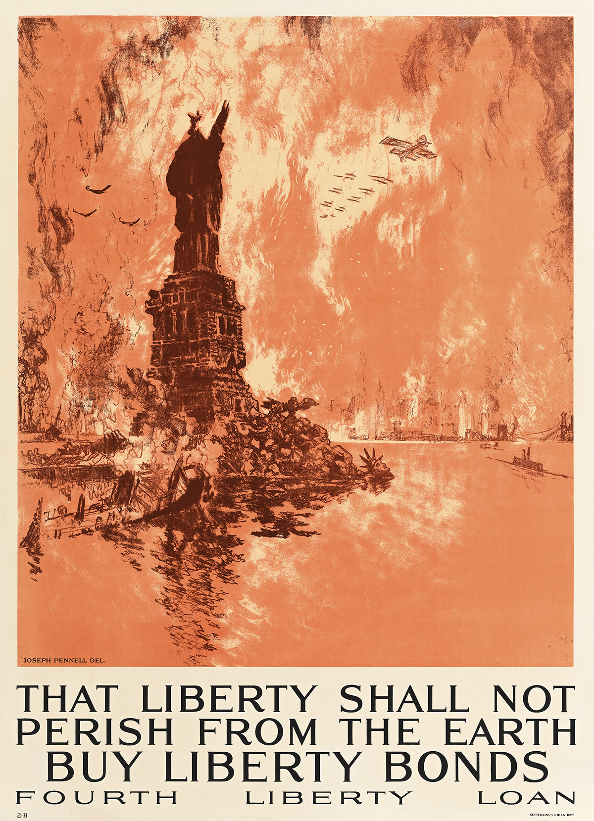 A poster of the Manhattan skyline on fire with the Statue of Liberty's head in the Hudson River.