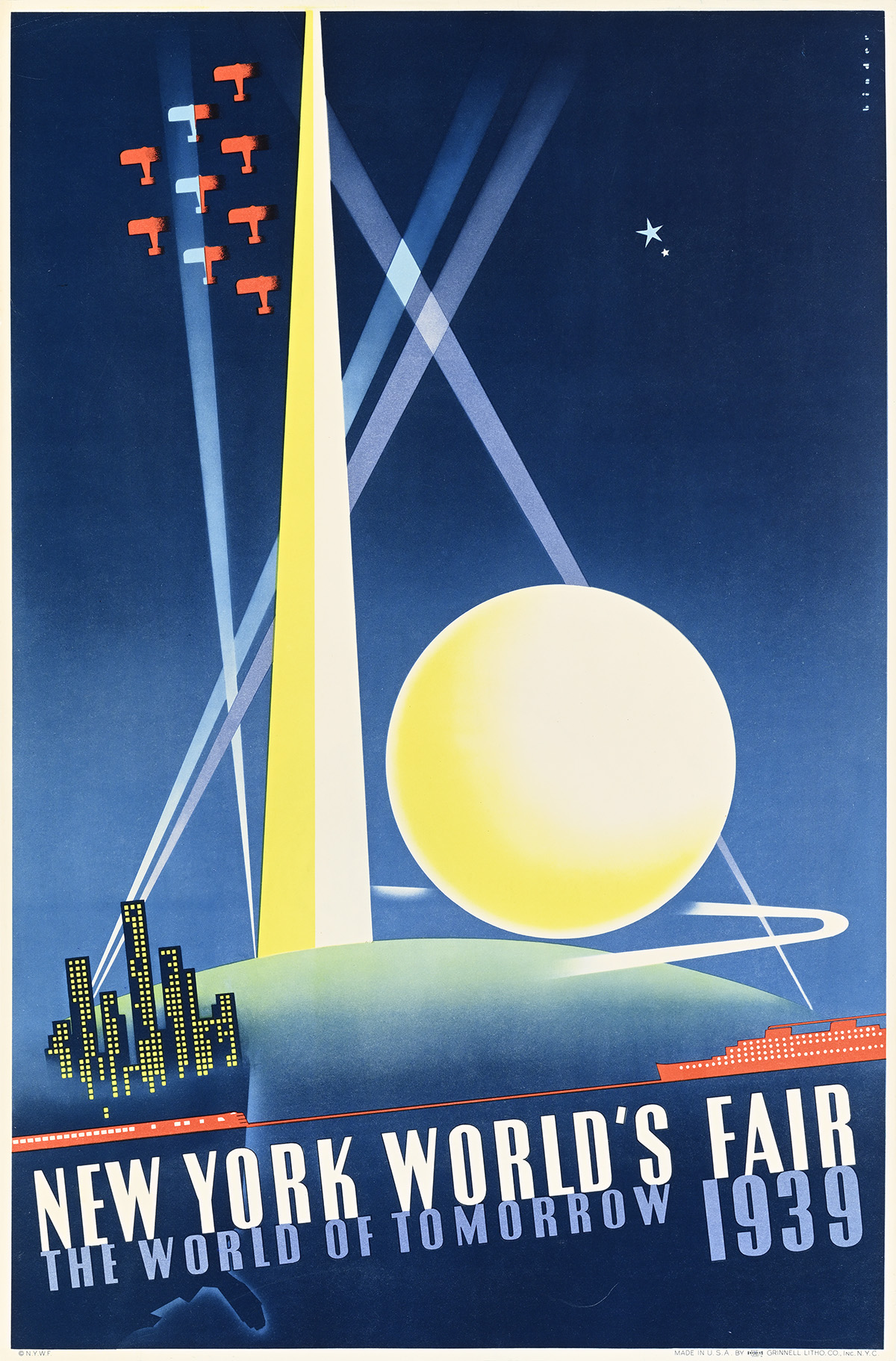 A poster of the Trylon and Perisphere against a night sky, a small train and ship in the foreground.