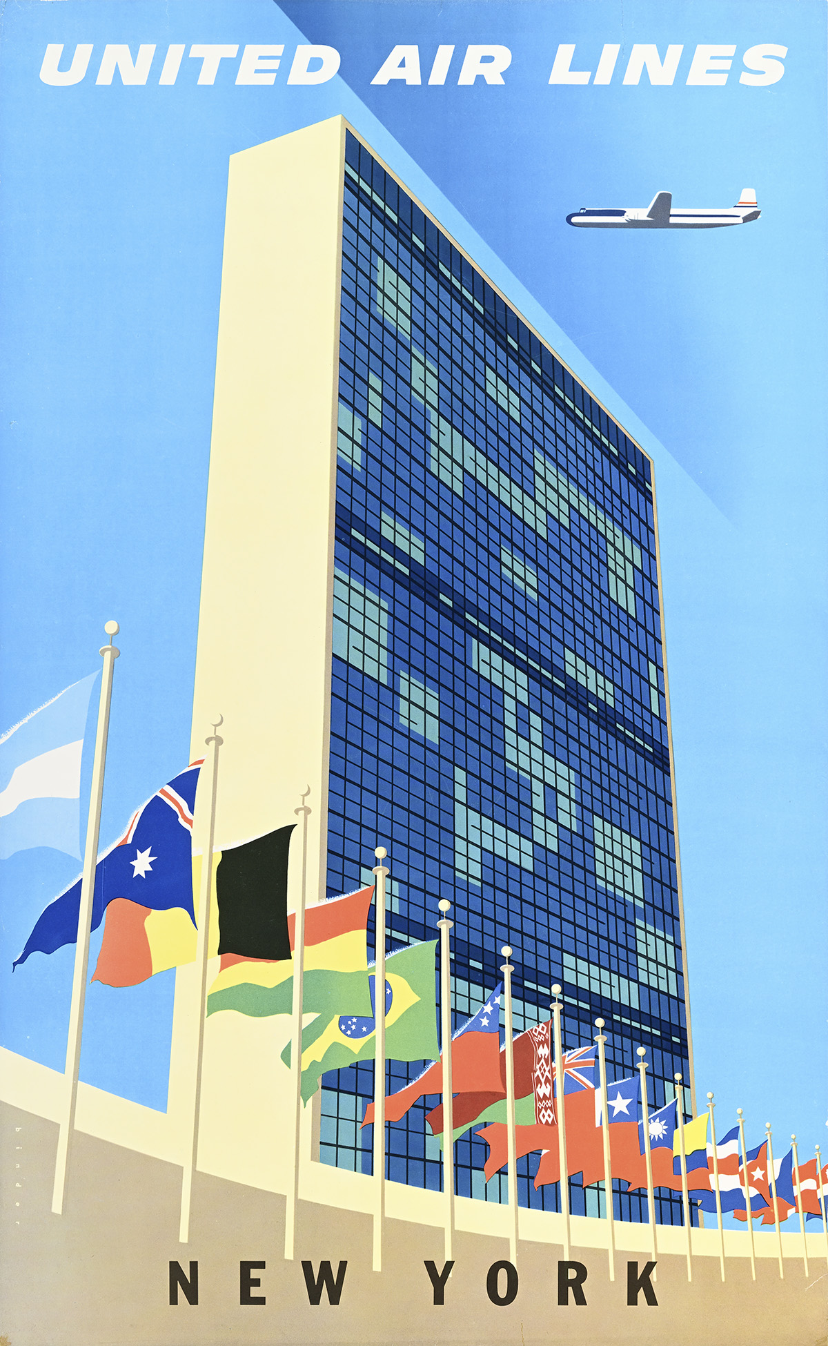A poster of a glass-curtain skyscraper with flags from multiple countries in front.