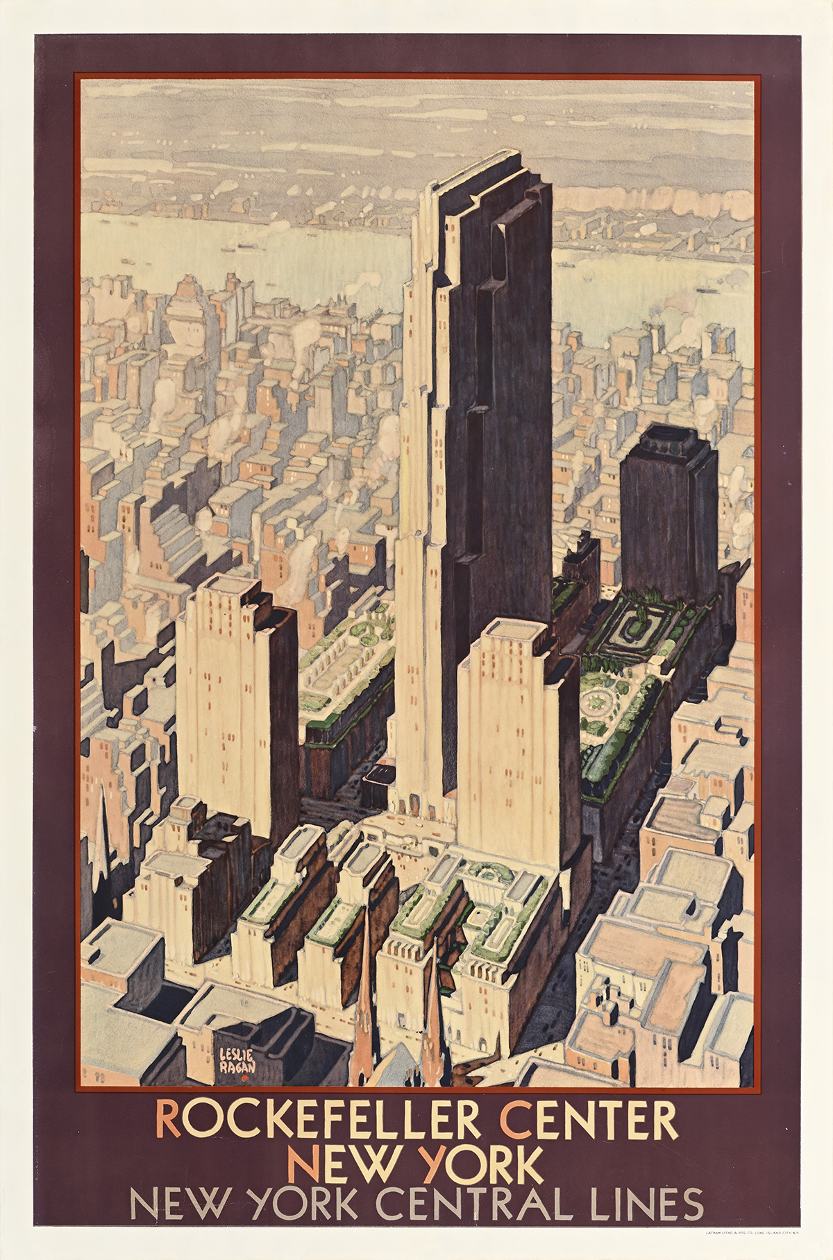 A poster of a bird's-eye view of a regtangular shaped building towering over surrounding buildings.