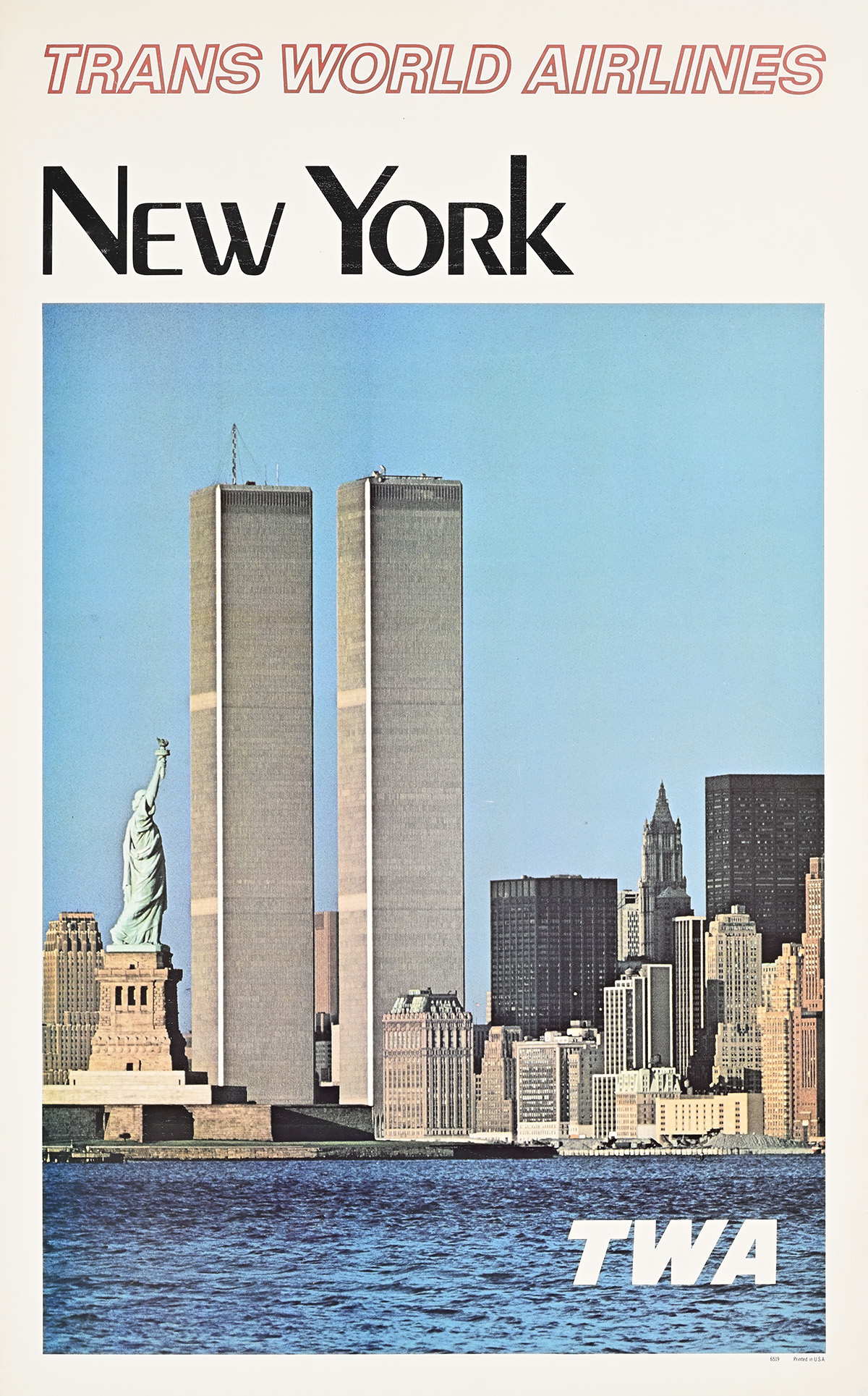 A poster of the New York City skyline with the twin towers taller than all the other buildings.