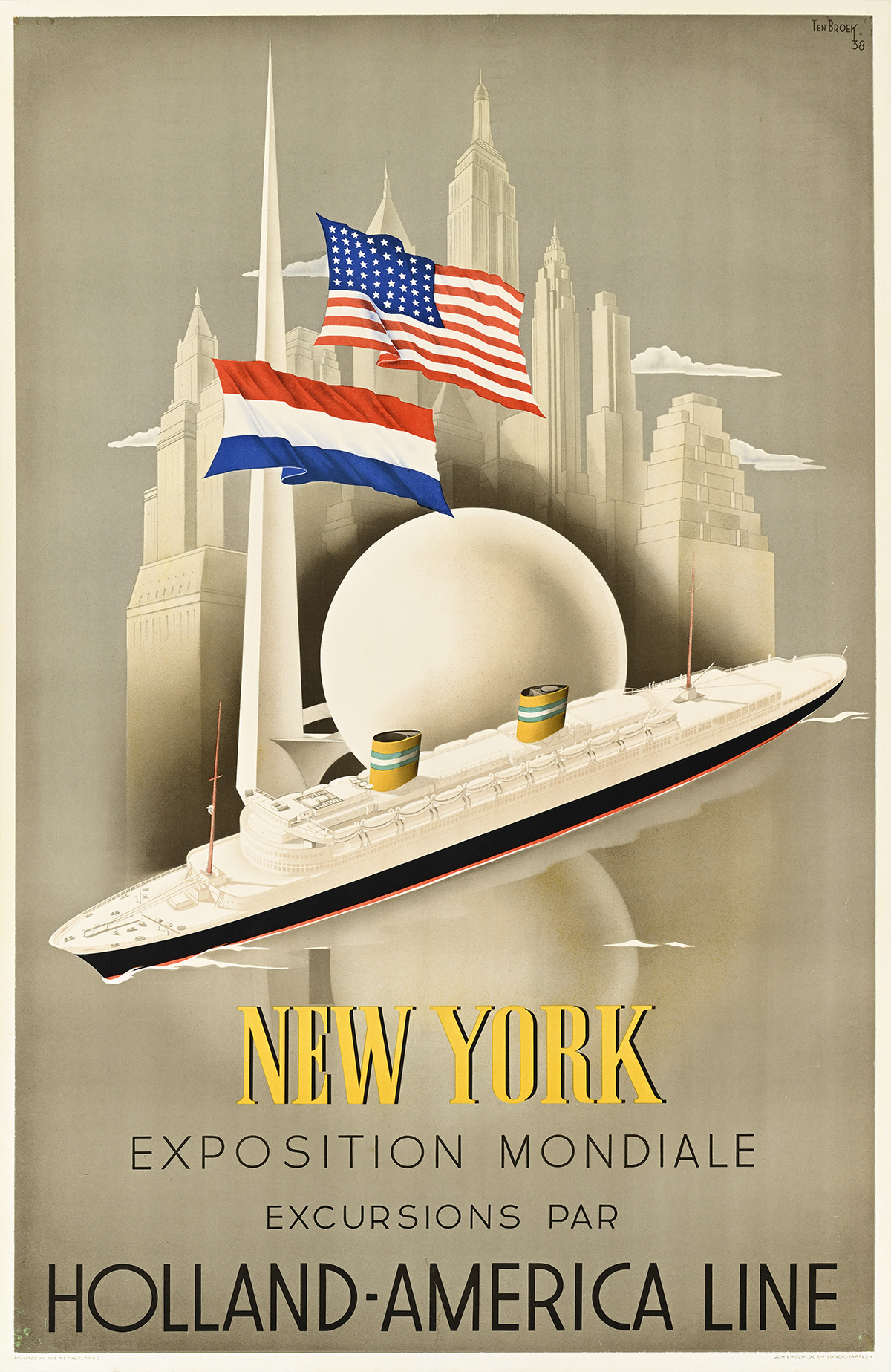 A brown poster of a long skinny ship in front of the New York skyline and the Trylon and Perisphere.