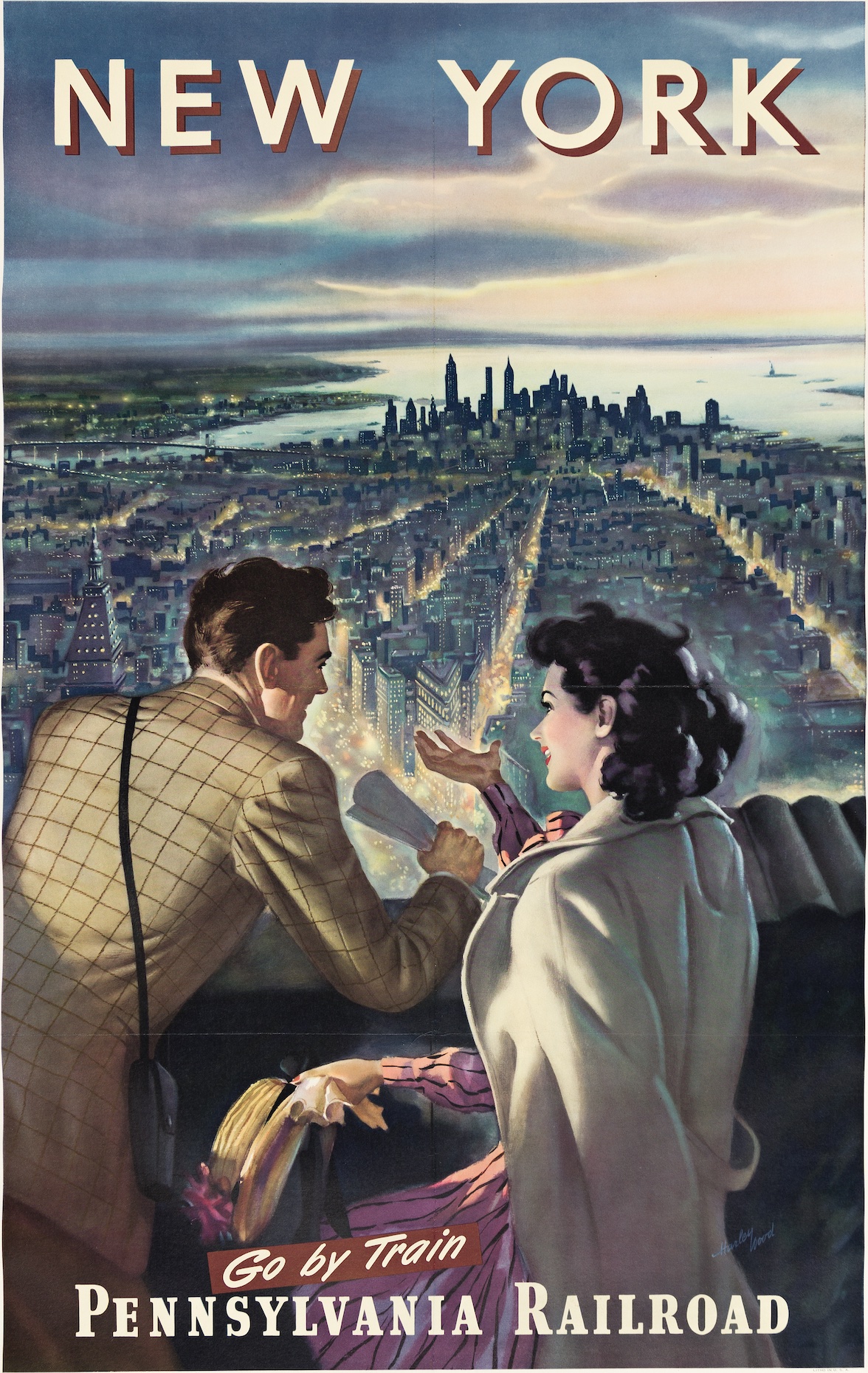 A poster of a white couple on a roof, looking over the New York City skyscraper landscape.