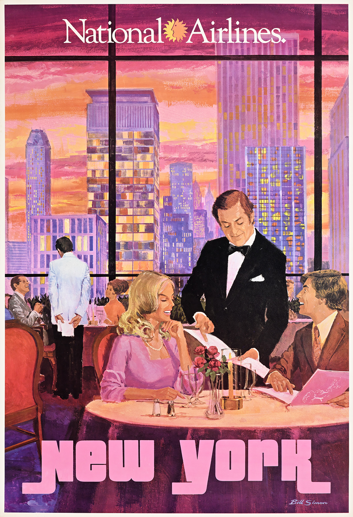 A poster of a waiter showing a menu to a couple at a fancy restaurant with skyscrapers behind them.