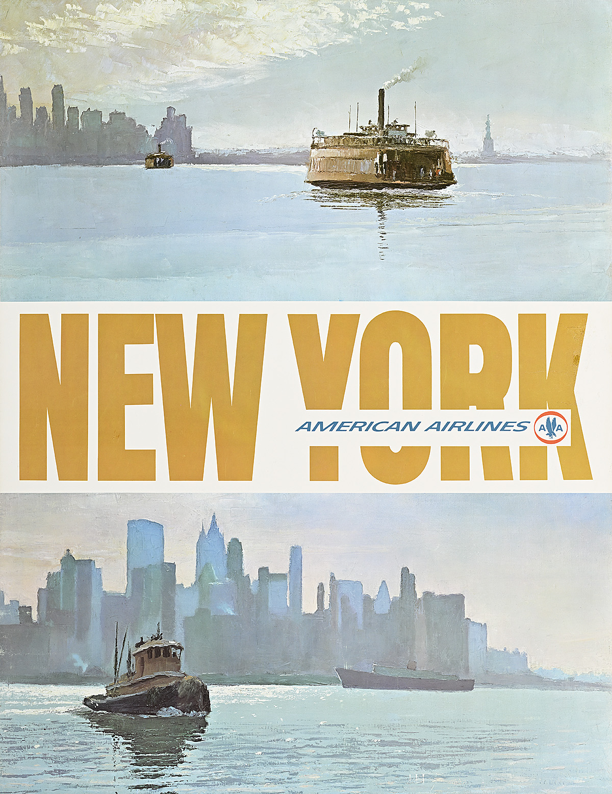 A poster of 2 scenes of boats near the Manhattan skyline above and below a 'New York' banner.