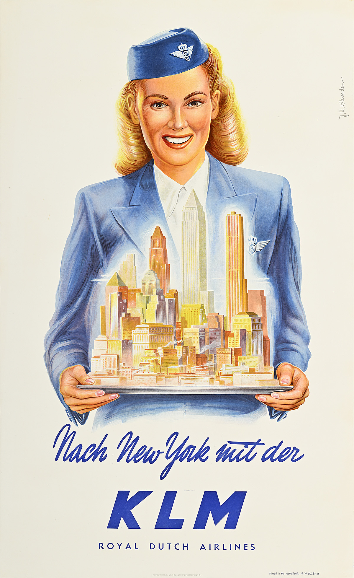 A poster of a light-skinned flight attendant holding a tray with the New York City skyline on it.