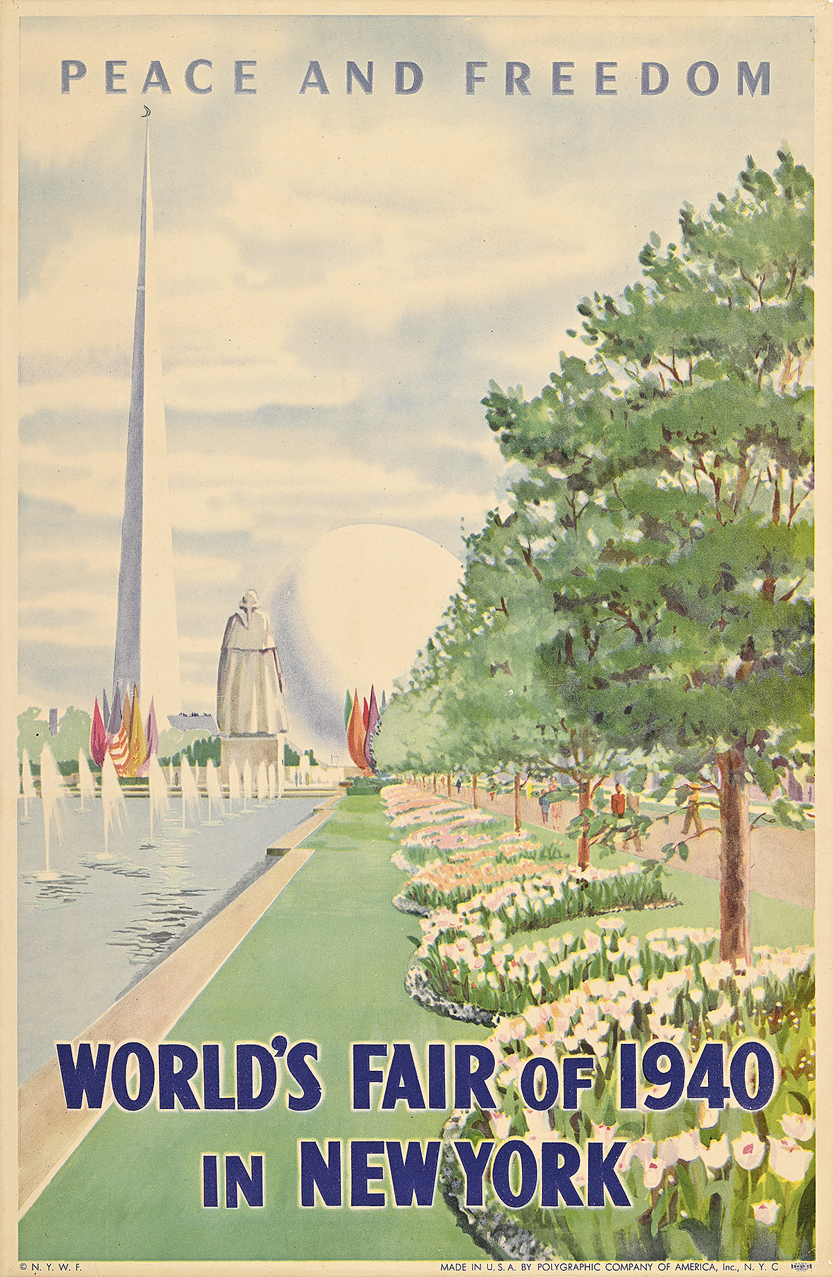 A poster of a side view of a lake at a park, with the Perisphere and Trylon in the background.
