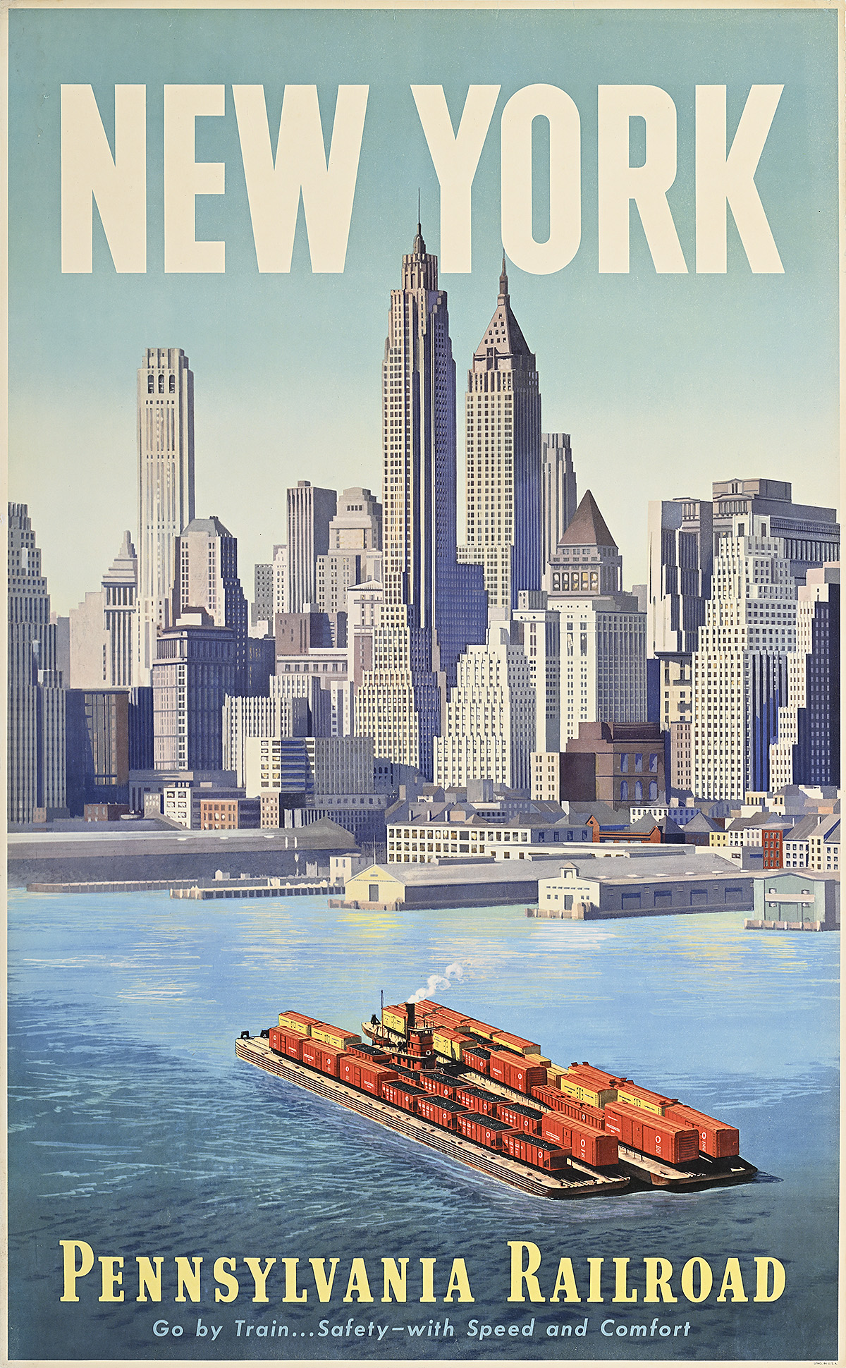 A poster of a long boat carrying orange shipping containers towards the New York shoreline.