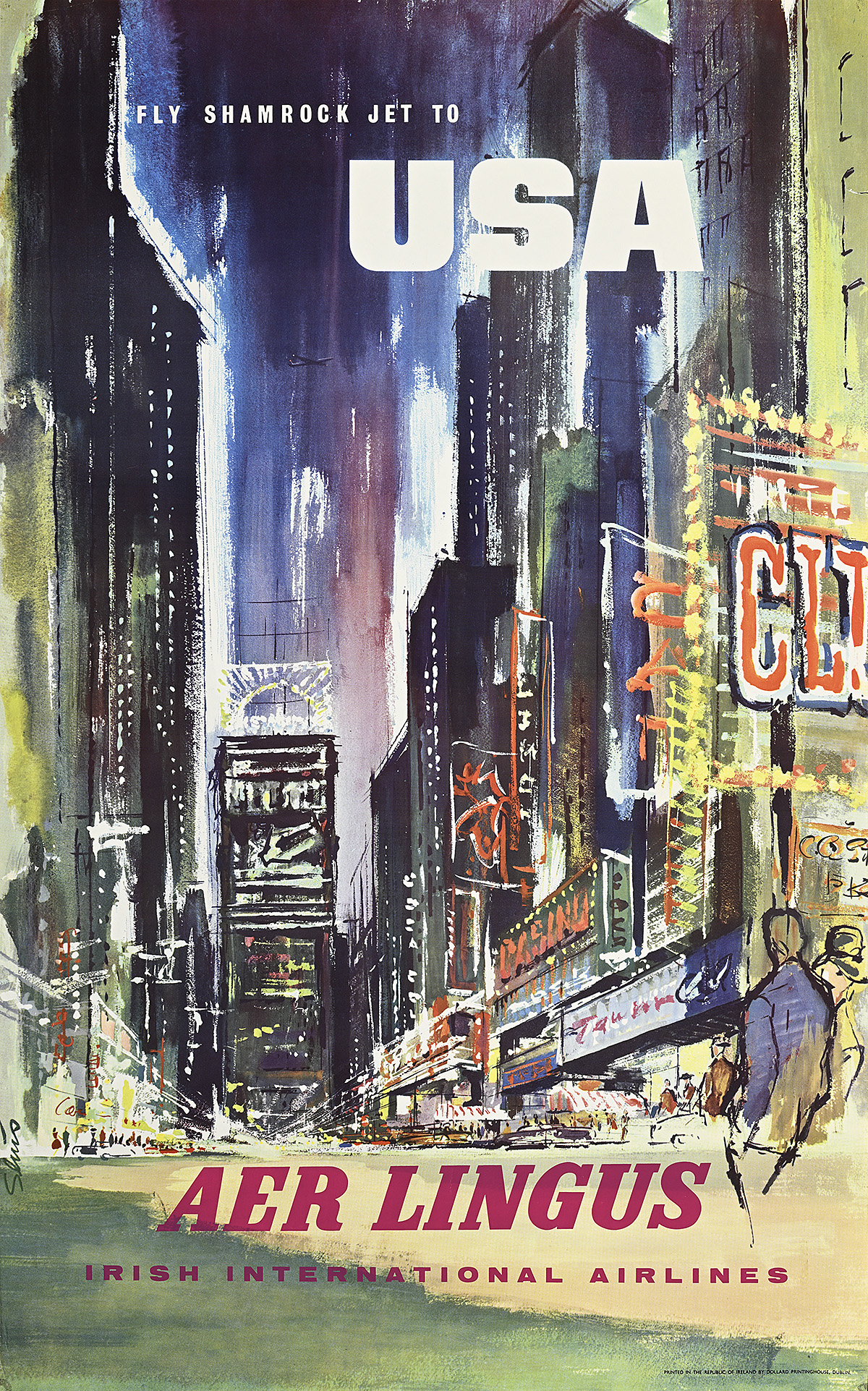 A painted-style poster of Times Square from the street level with a couple in the corner looking on.