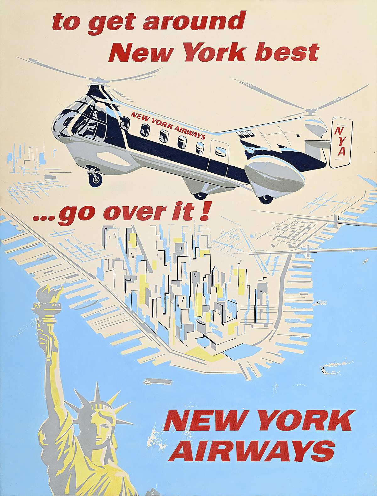 An poster of a double turbine helicopter flying over a map of the bottom of Manhattan.